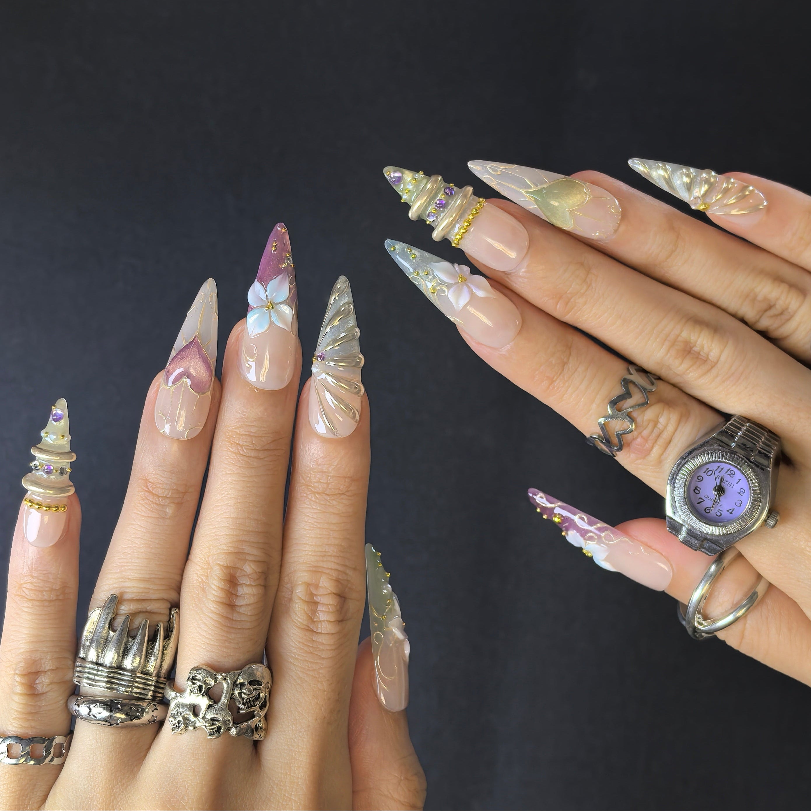 Lavender Court 30mm stiletto press-on nails — hand-painted pastel lavender luxury fake nails for women