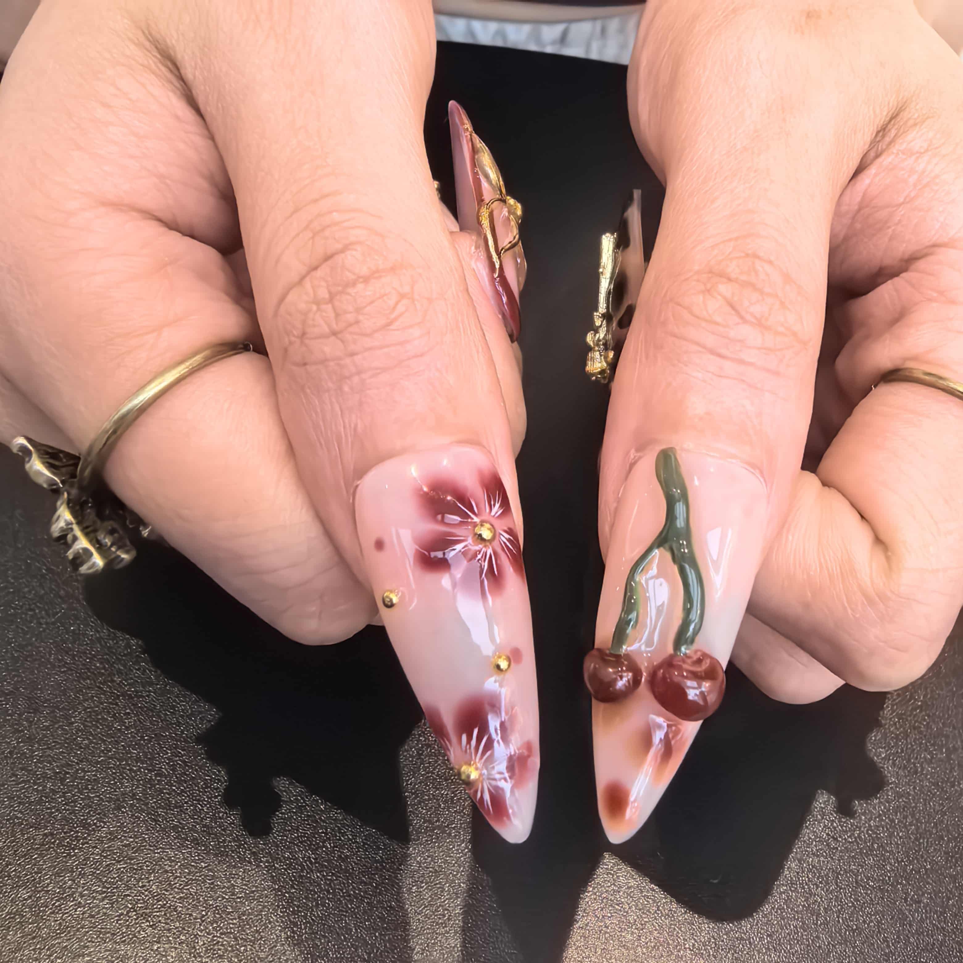 Lost Cherry 30mm coffin press-on nails — reusable handmade cherry blossom floral gold nail art press-ons