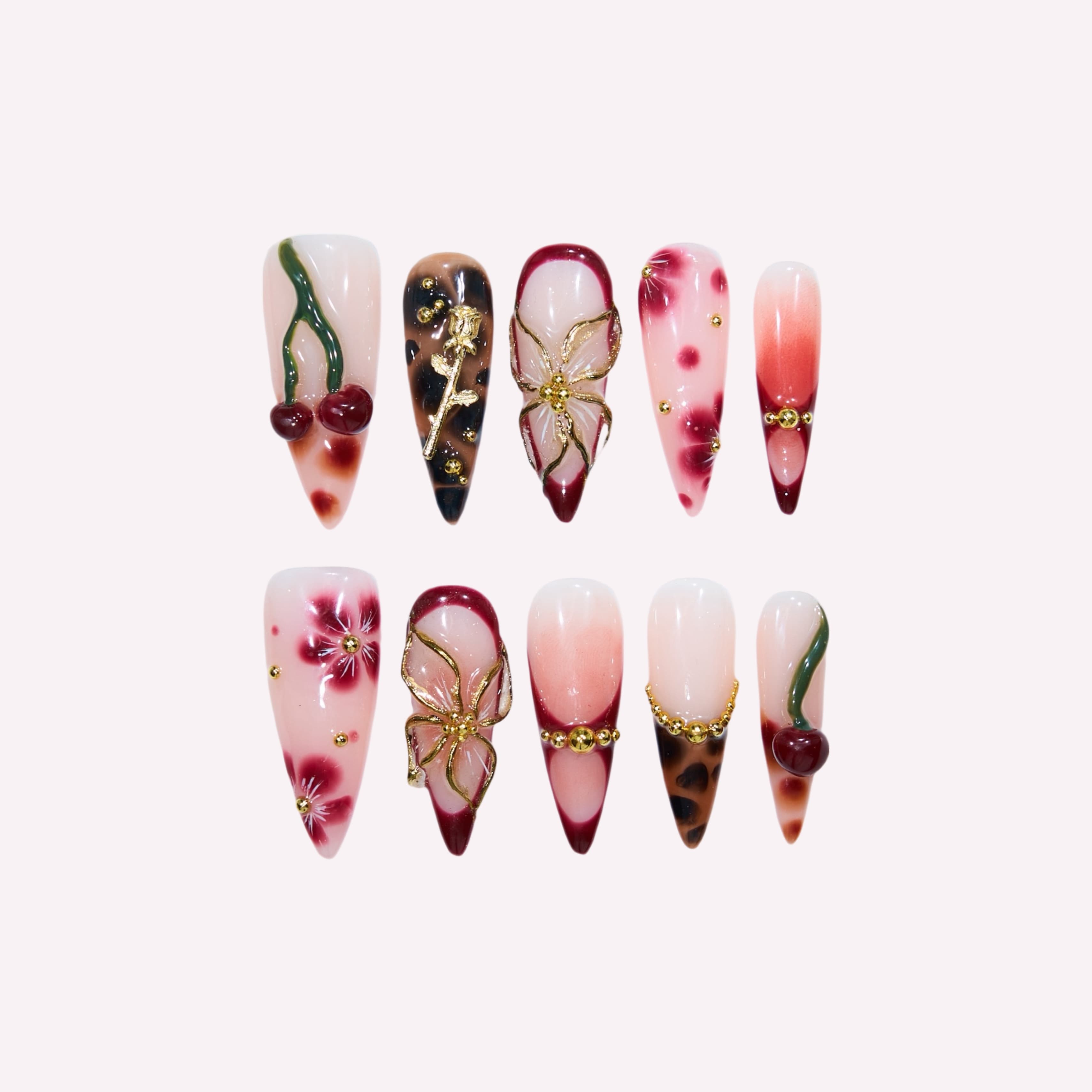 Lost Cherry handmade press-on nails — cherry blossom floral gold nail art set in coffin and stiletto shapes by Poorguyshop
