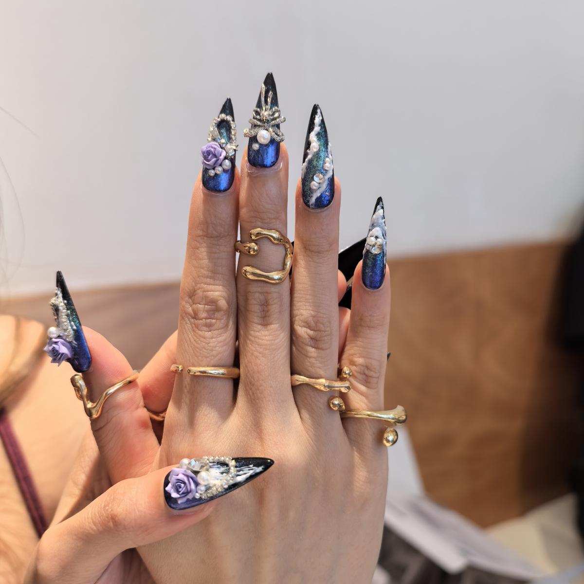 MGM 30mm stiletto press-on nails — hand-painted deep blue galaxy purple rose pearl rhinestone luxury fake nails for women