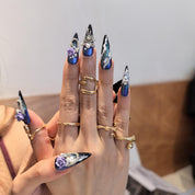 MGM 30mm stiletto press-on nails — hand-painted deep blue galaxy purple rose pearl rhinestone luxury fake nails for women