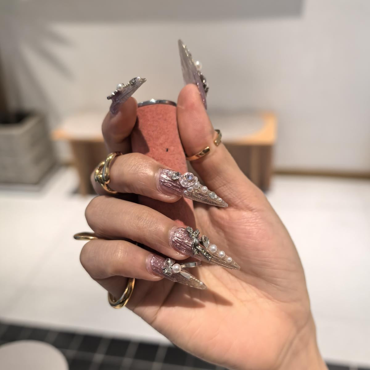 Mauve Pearl press-on nail set — handmade pink shimmer nails with nail glue and prep pad, multiple sizes included