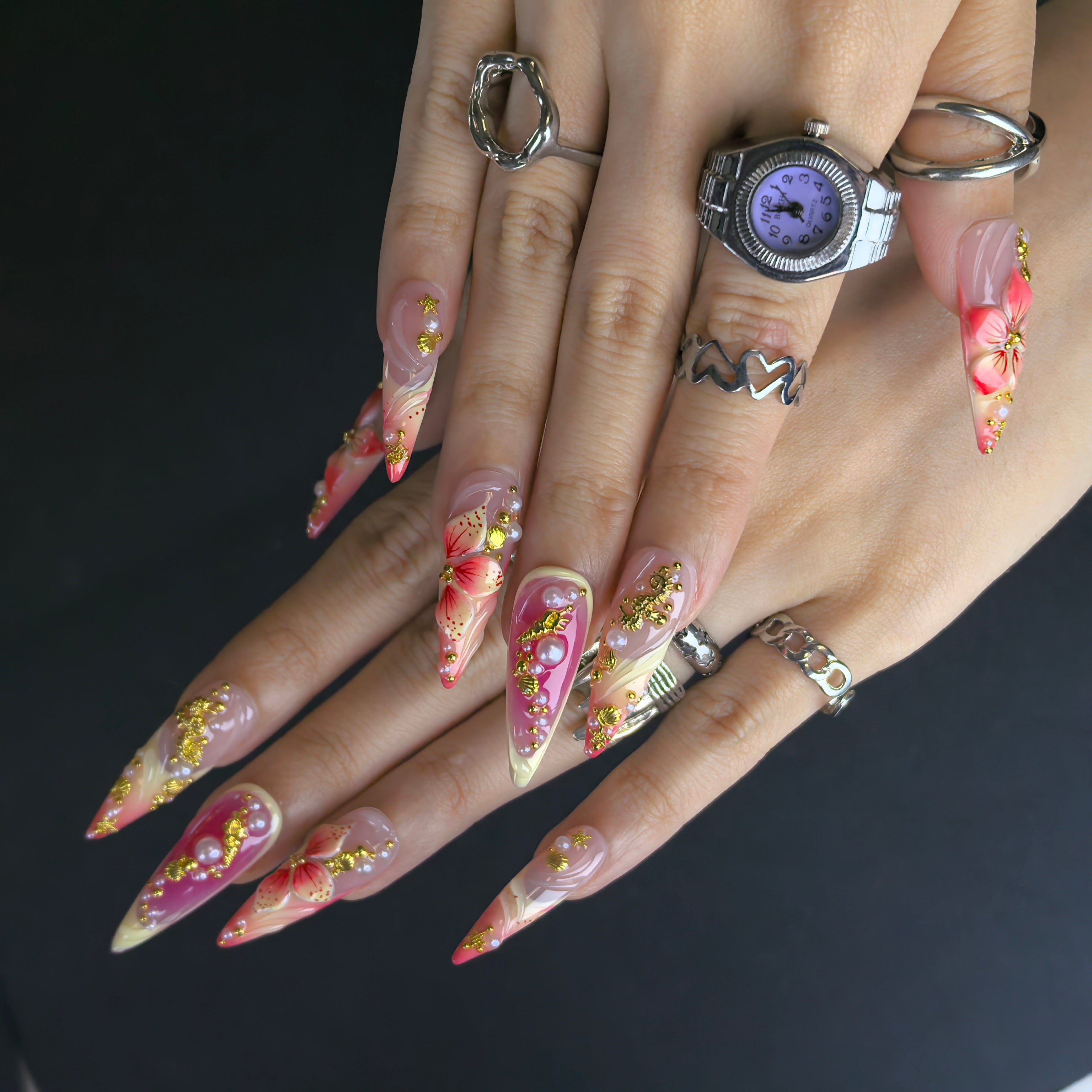 Mermaid Cove 30mm stiletto press-on nails — hand-painted mermaid luxury fake nails for women