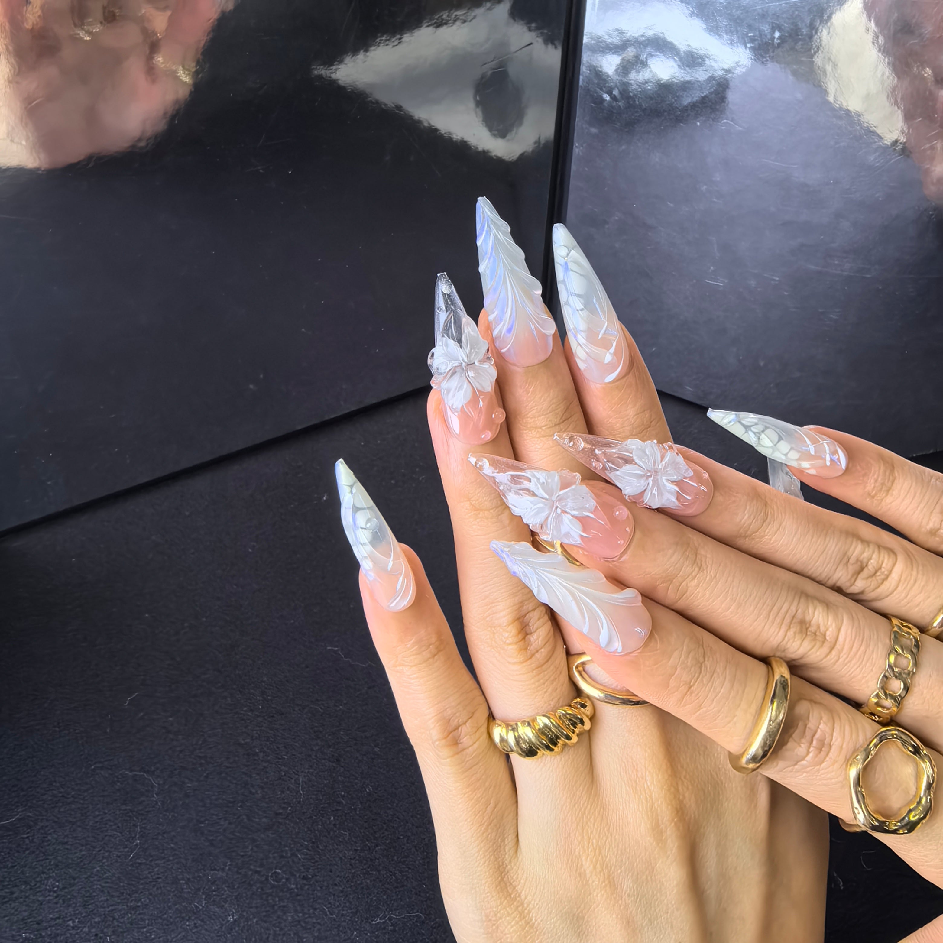 Mermaid Vein Anna Kim x Poorguyshop stiletto press-on nails – nature-inspired 3D floral nail art for bridal and garden events