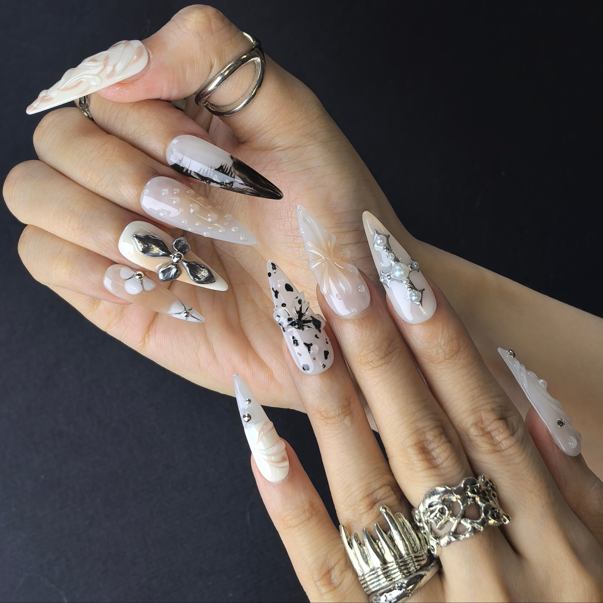 Misty Forest 28mm almond press-on nails — artisan hand-painted fake nails with moody forest nail art