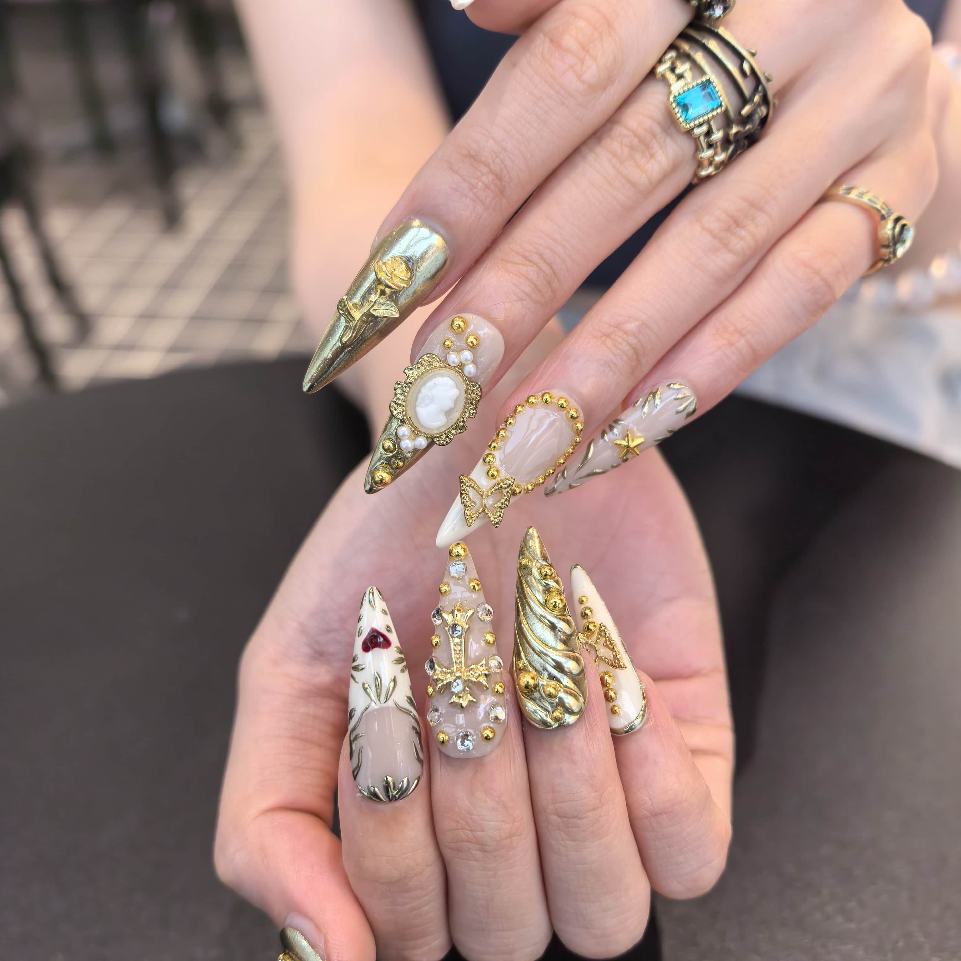 My Queen 30mm coffin press-on nails — reusable handmade beige gold 3D rose butterfly nail art press-ons