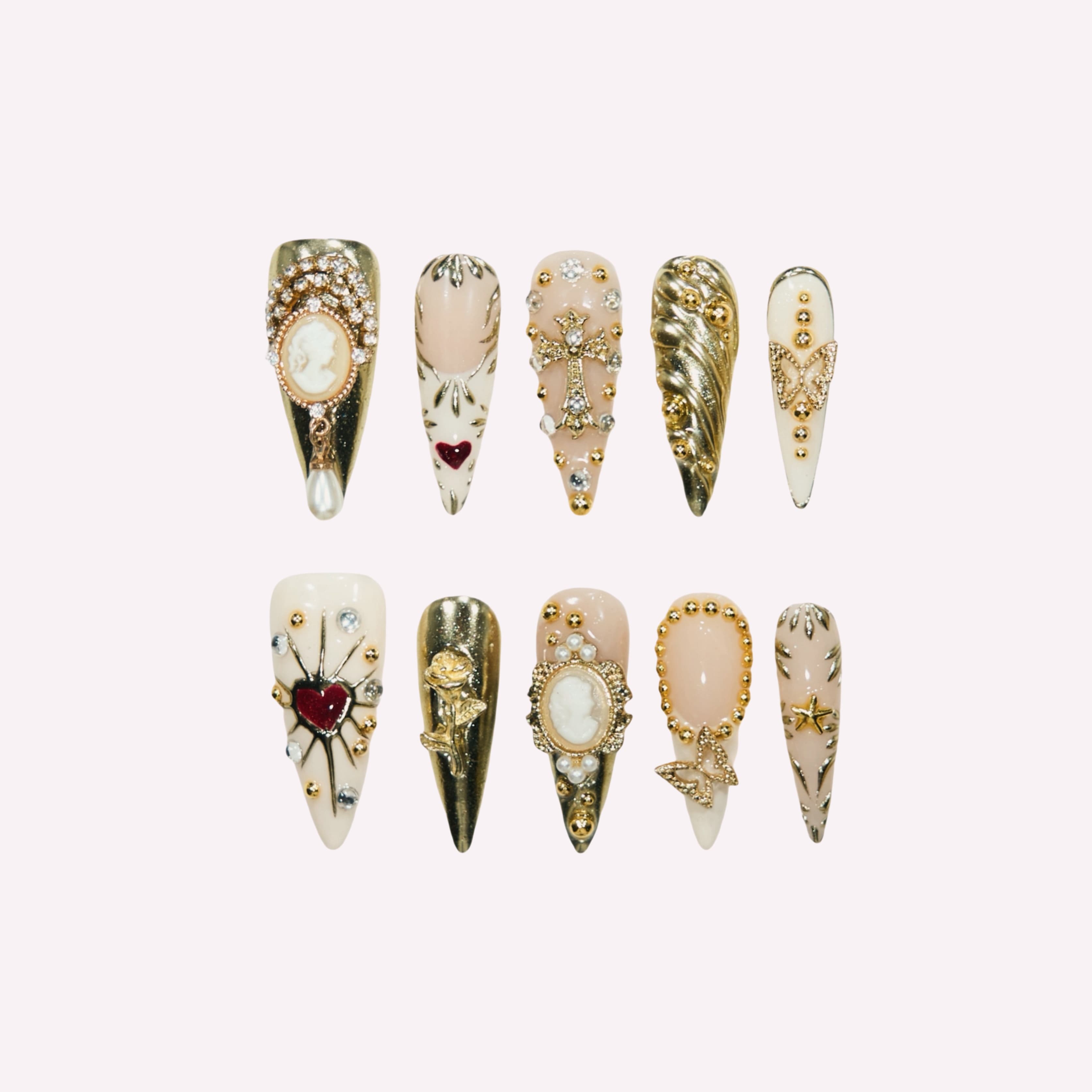 My Queen handmade press-on nails — vintage beige gold cameo 3D rose nail art set in coffin and stiletto shapes by Poorguyshop