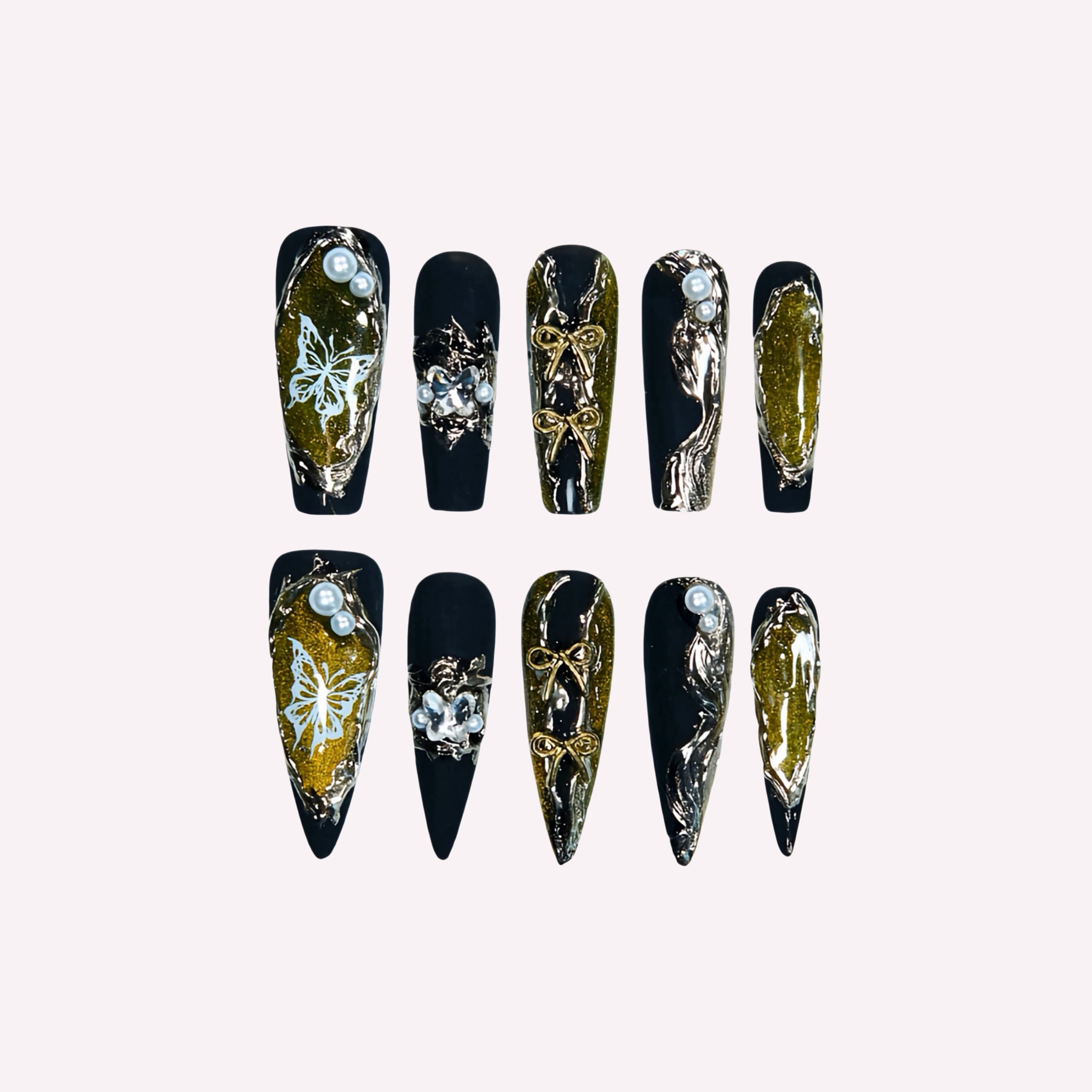 Nightmoss handmade press-on nails — black gold silver pearl butterfly bow 3D floral nail art set in coffin and stiletto shapes by Poorguyshop