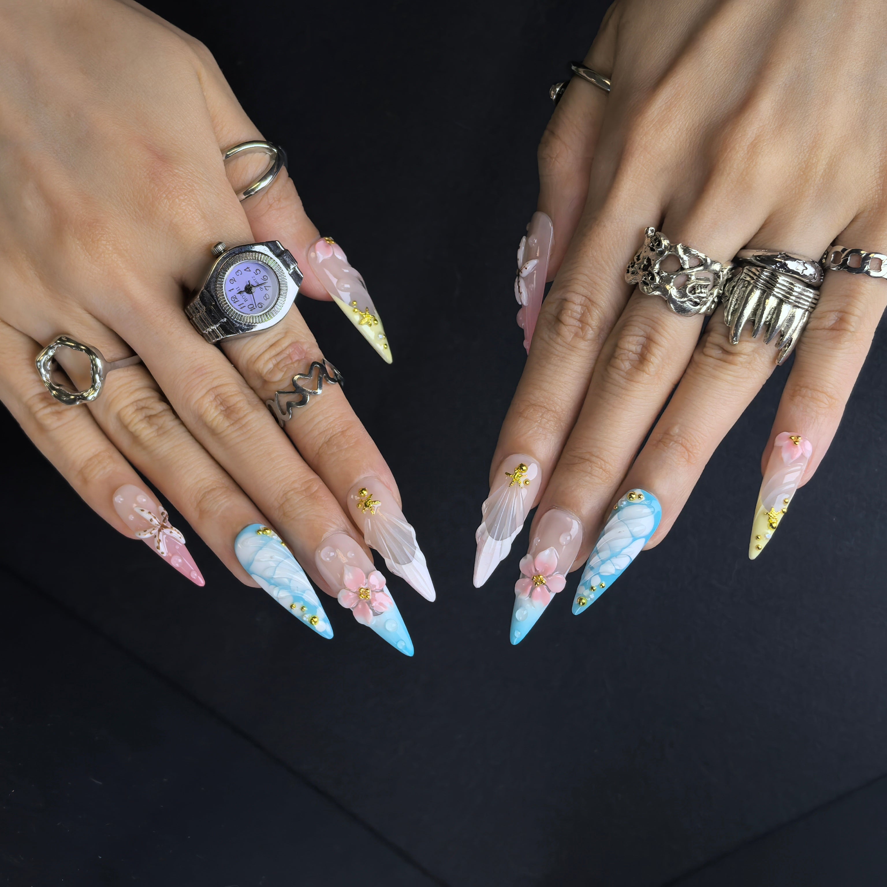 Ocean Whimsy 28mm almond press-on nails — artisan hand-painted fake nails with whimsical aqua nail art