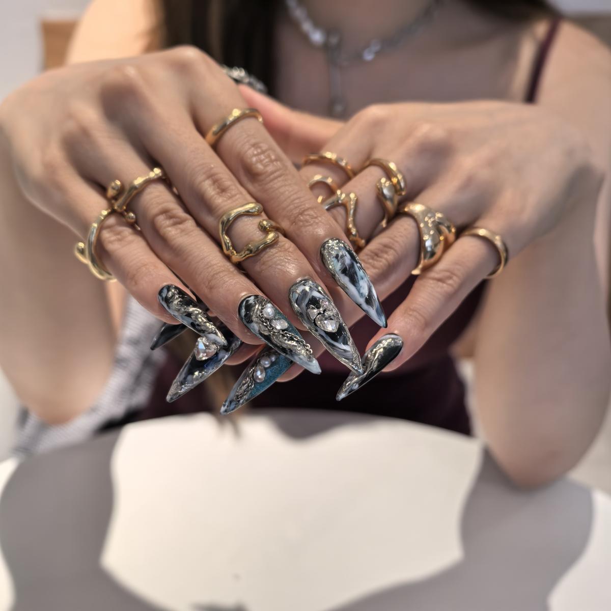 Palace 30mm stiletto press-on nails — hand-painted dark swirl gothic luxury fake nails for women