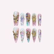 Pink Fairytale handmade press-on nails — blush pink floral pearl nail art set in coffin and stiletto shapes by Poorguyshop