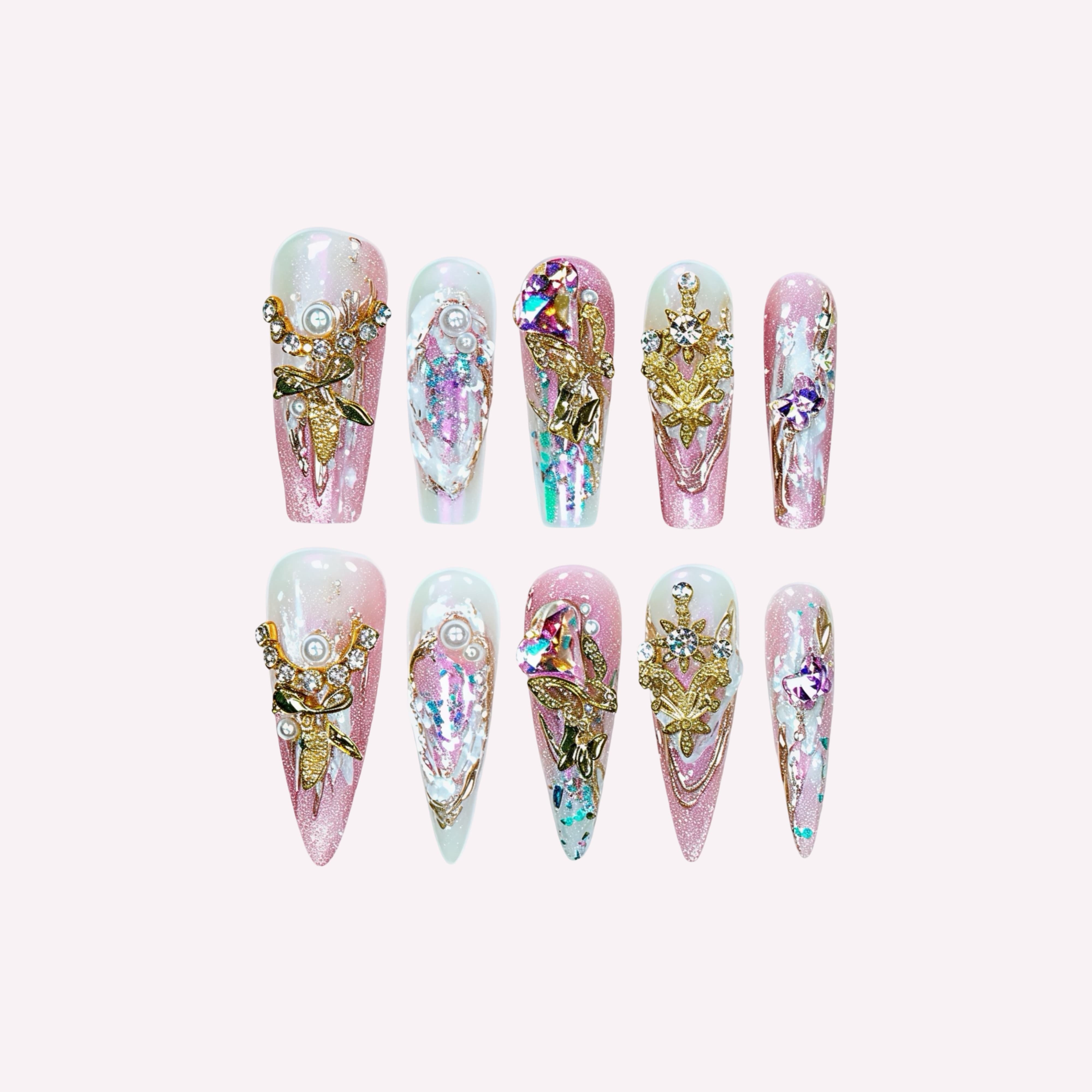 Pink Fairytale handmade press-on nails — blush pink floral pearl nail art set in coffin and stiletto shapes by Poorguyshop