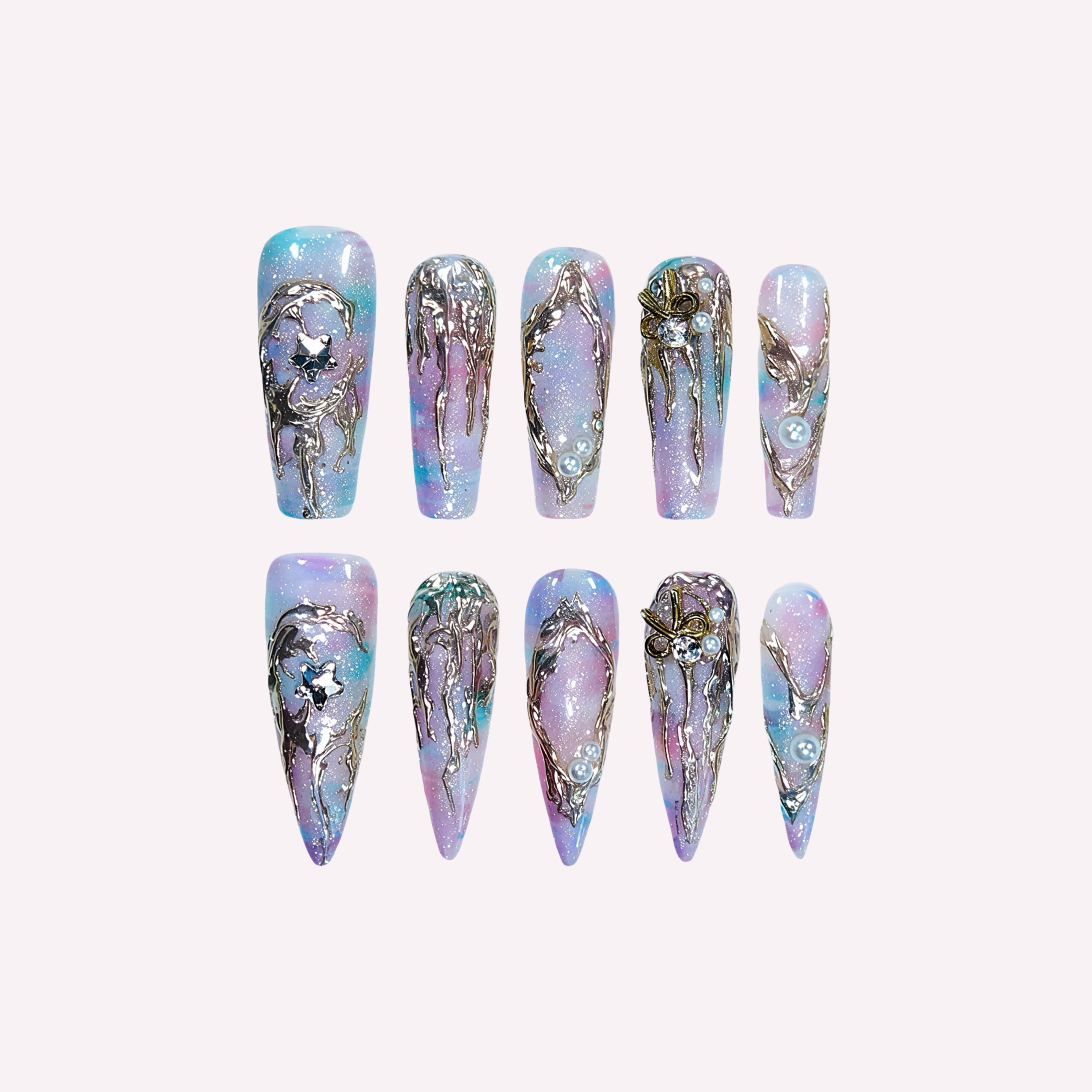 Pink Nebula handmade press-on nails — iridescent pastel pearl bow nail art set in coffin and stiletto shapes by Poorguyshop