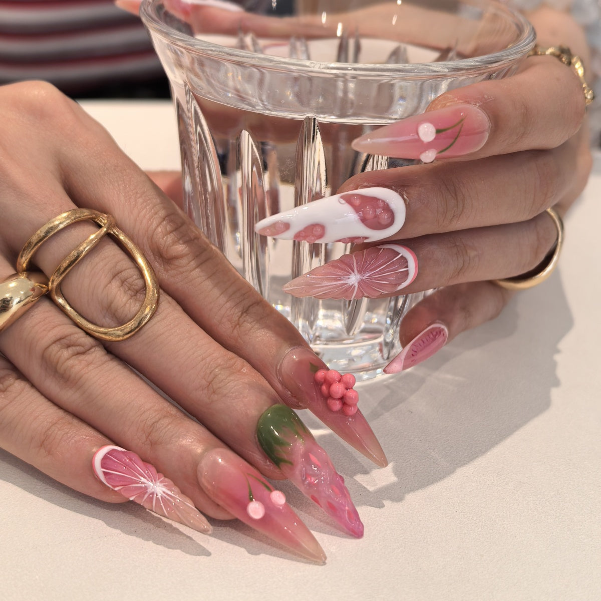 Pink Pomelo reusable PMMA stiletto press-on nails – tropical fruit nail art for summer beach days and festivals