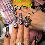 Pink Saturn 30mm coffin press-on nails — hand-painted dusty rose antique gold baroque velvet rose luxury fake nails for women