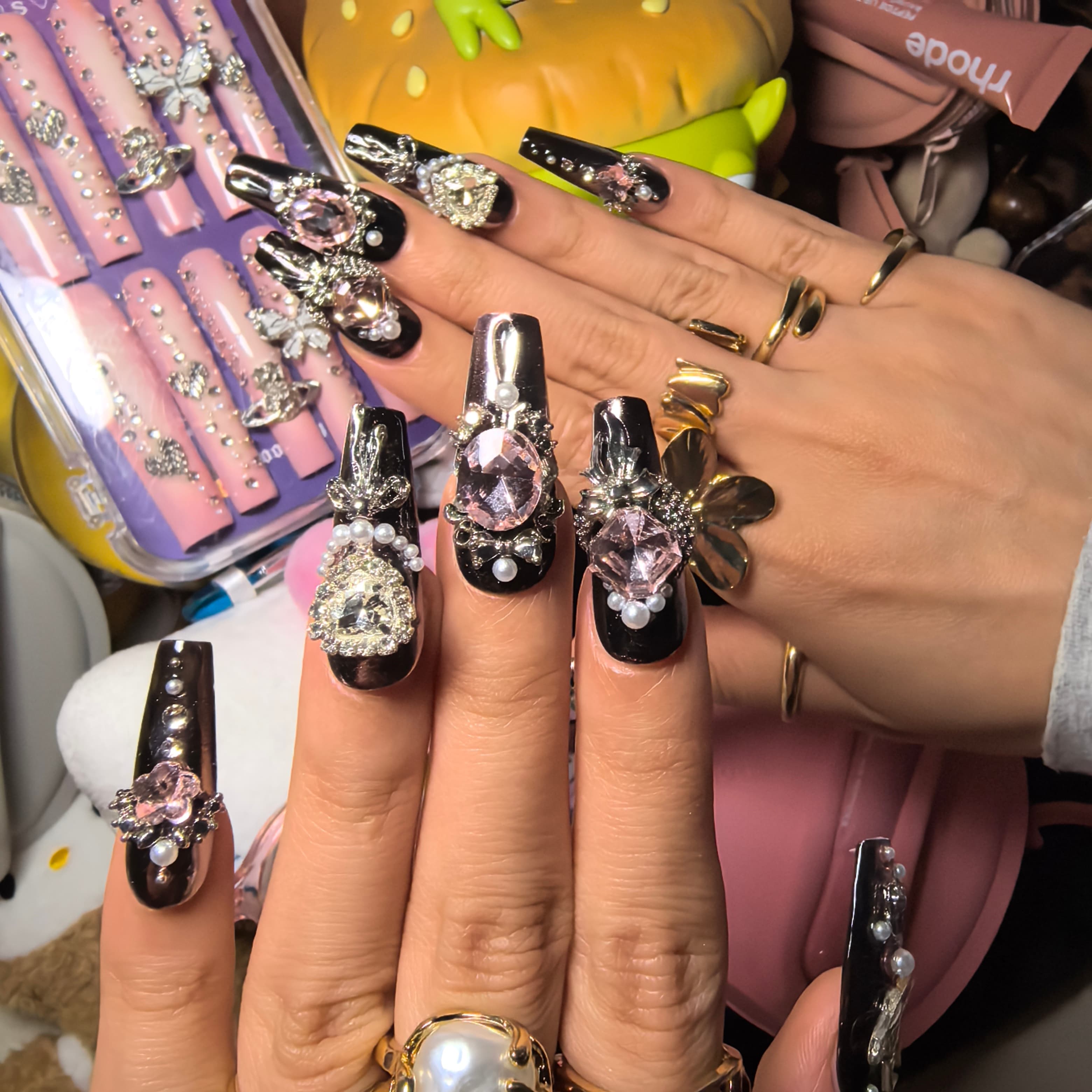 Pink Saturn 30mm coffin press-on nails — hand-painted dusty rose antique gold baroque velvet rose luxury fake nails for women