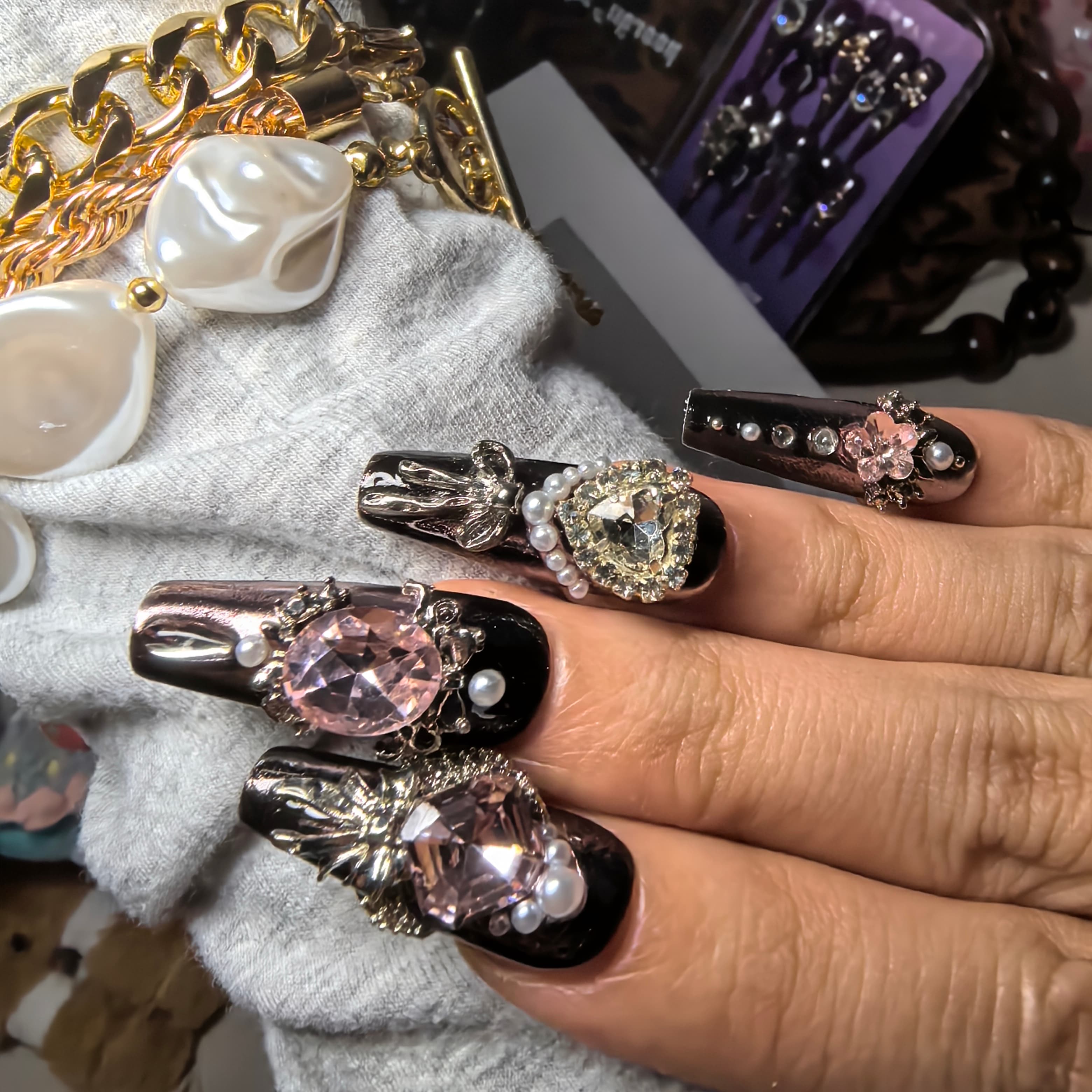 Pink Saturn coffin press-on nails — reusable handmade dusty rose antique gold vintage baroque cottagecore nail art press-ons