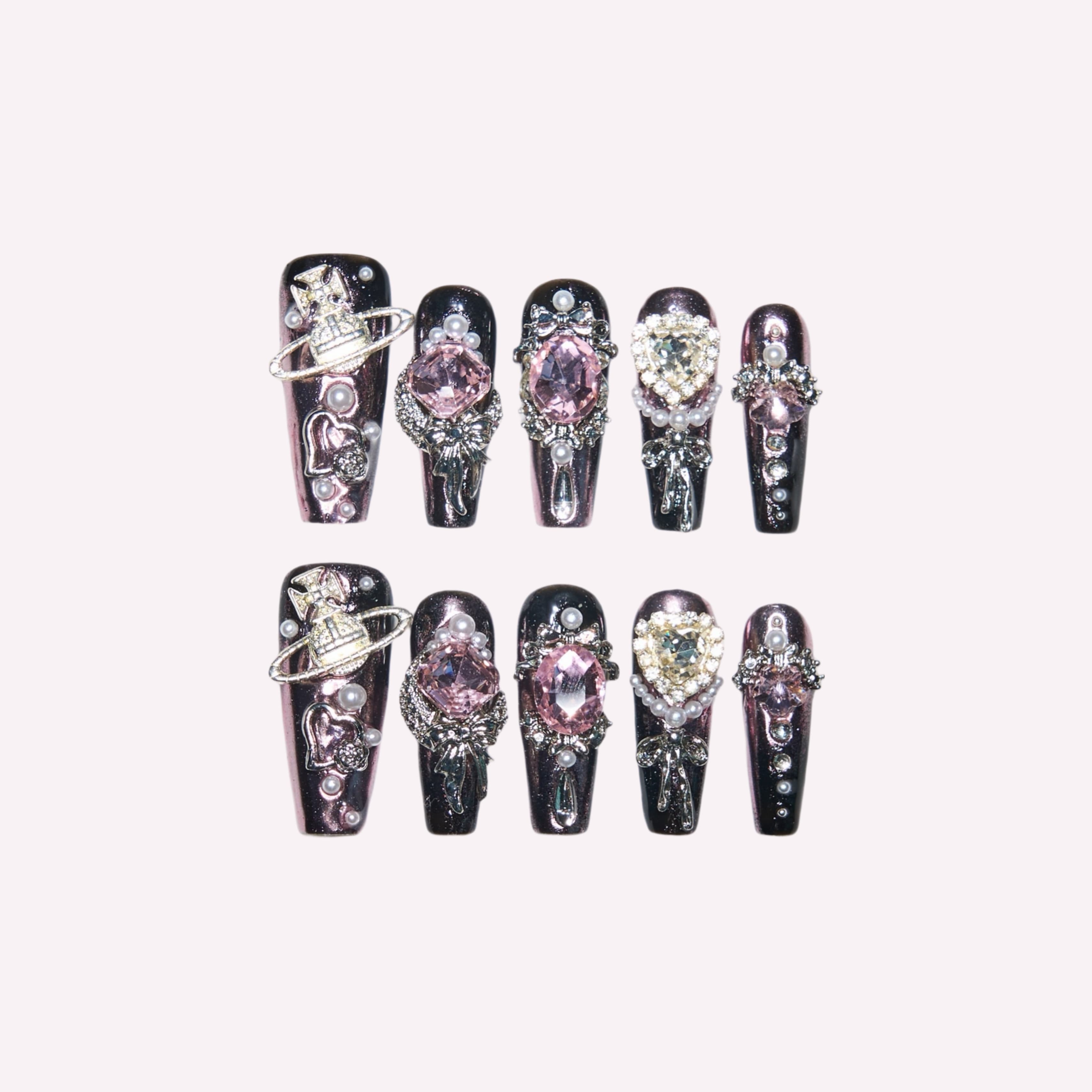 Pink Saturn handmade press-on nails — dusty rose antique gold baroque gem velvet rose pearl nail art coffin set by Poorguyshop