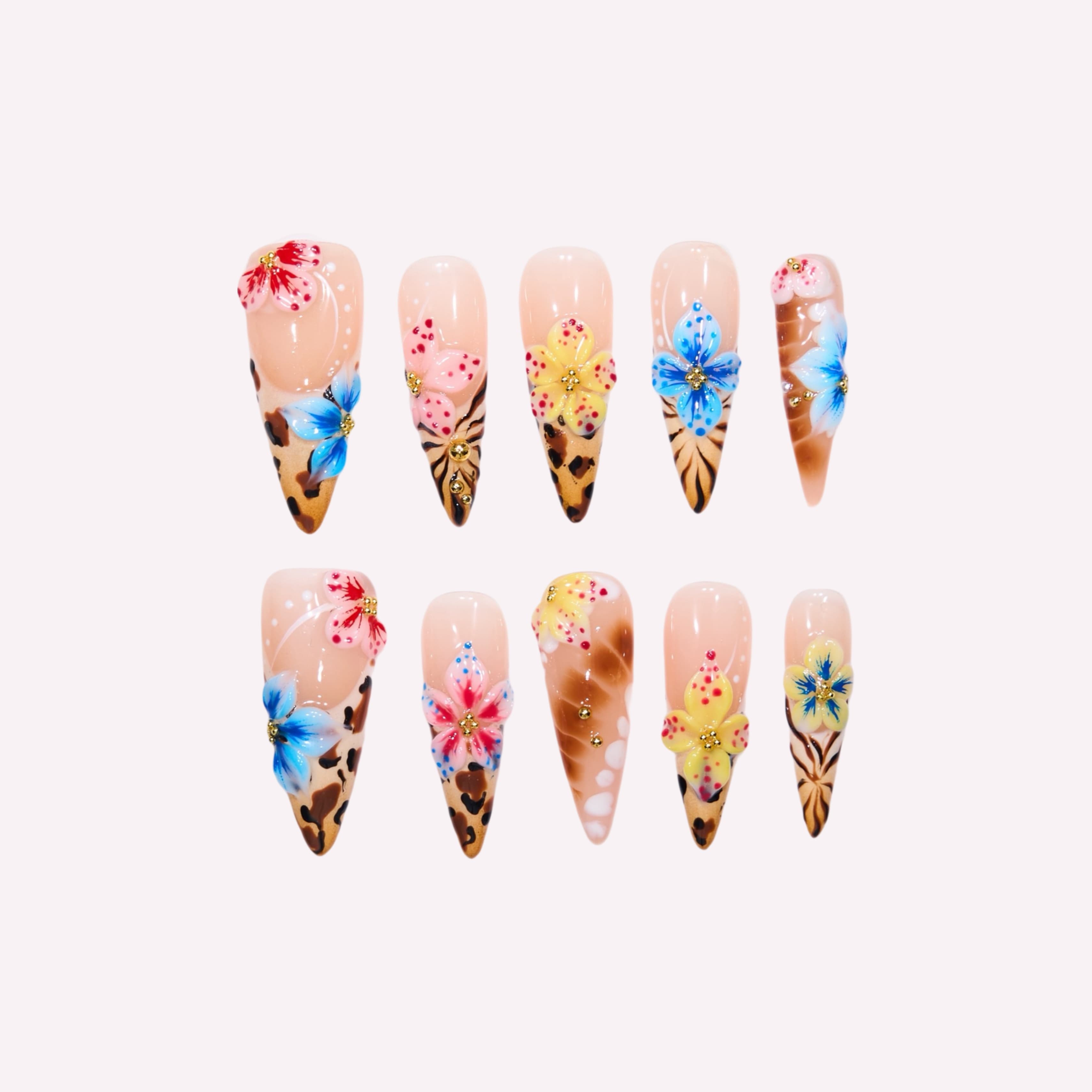PoorGuyShop Amber Garden handmade stiletto press-on nails – leopard print patterns with vivid 3D flowers in pink, blue and yellow