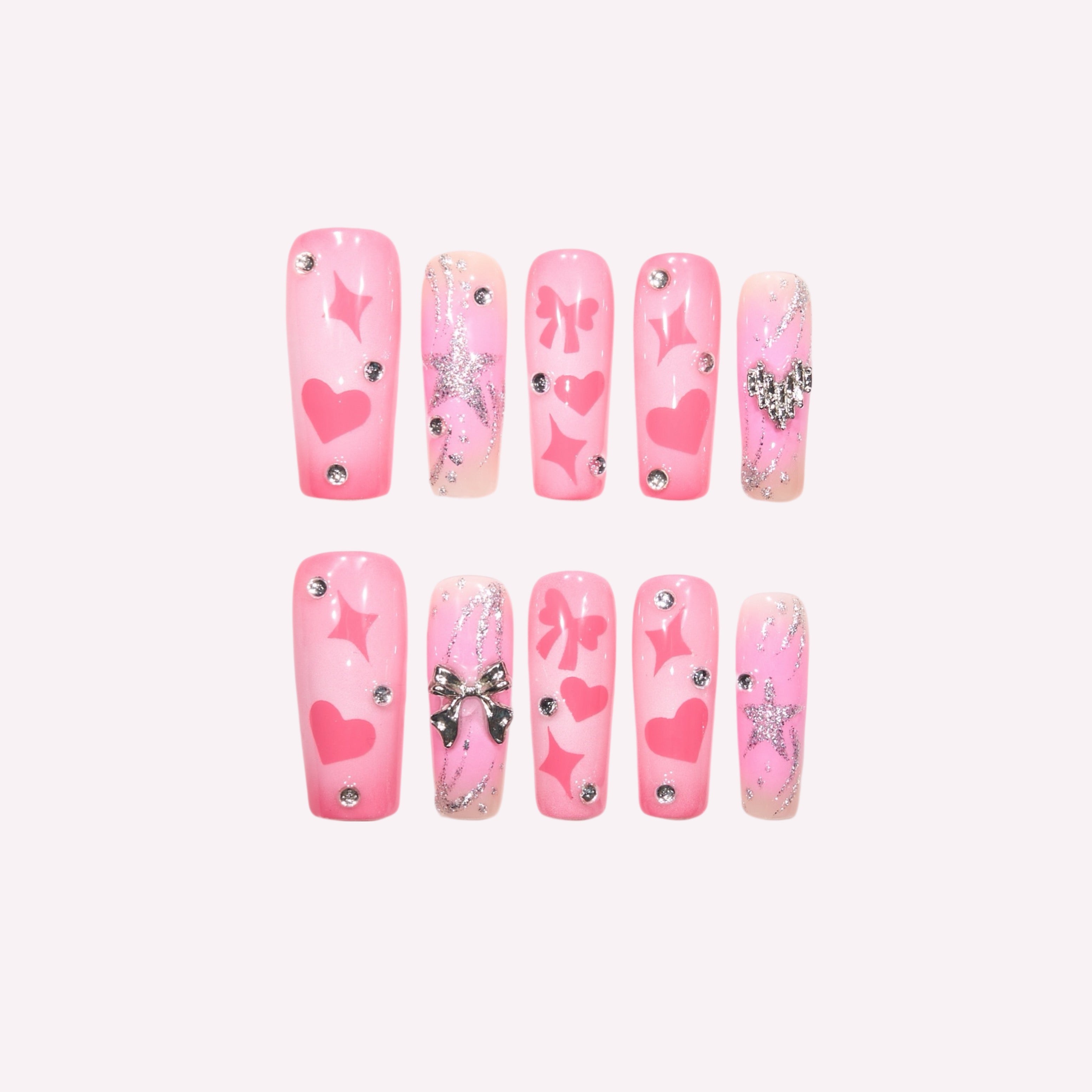 PoorGuyShop Candy Glitter handmade coffin press-on nails – soft pink gradient with 3D silver bow charms and crystal heart accent