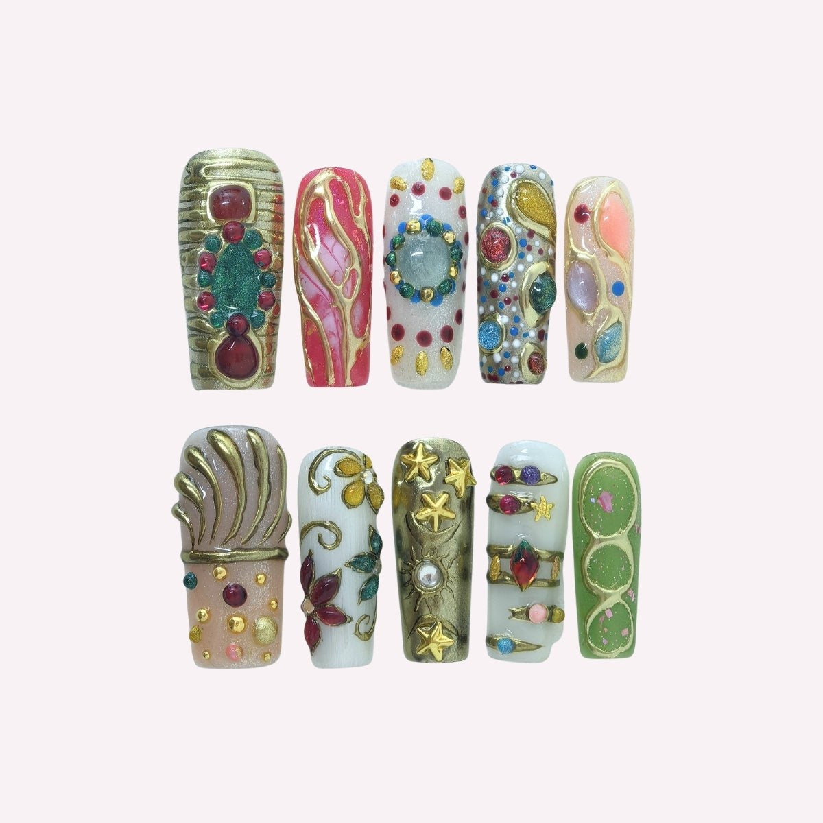 PoorGuyShop Circus handmade coffin press-on nails – vibrant mixed bases with gold-lined patterns and colorful gem accents
