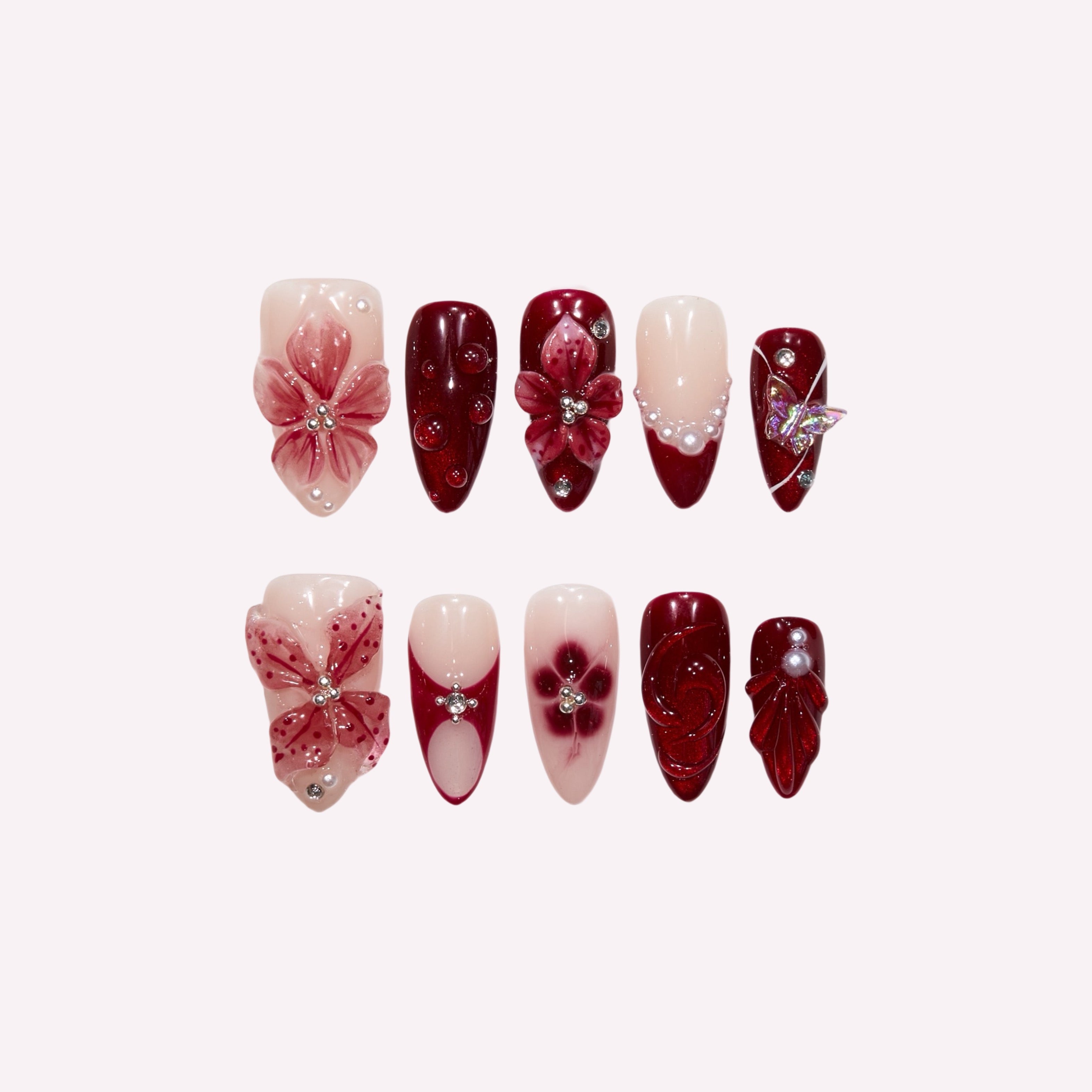 PoorGuyShop Crimson Petal handmade 3D floral almond press-on nails – burgundy and blush pink gradient with crystal flower charms
