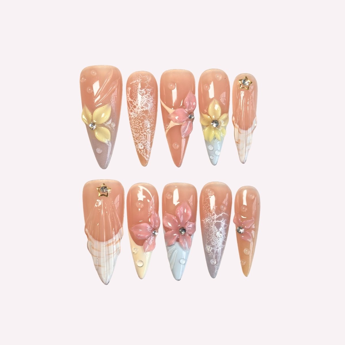 PoorGuyShop Floral handmade pastel stiletto press-on nails – peachy-pink base with dainty flower motifs and lace patterns