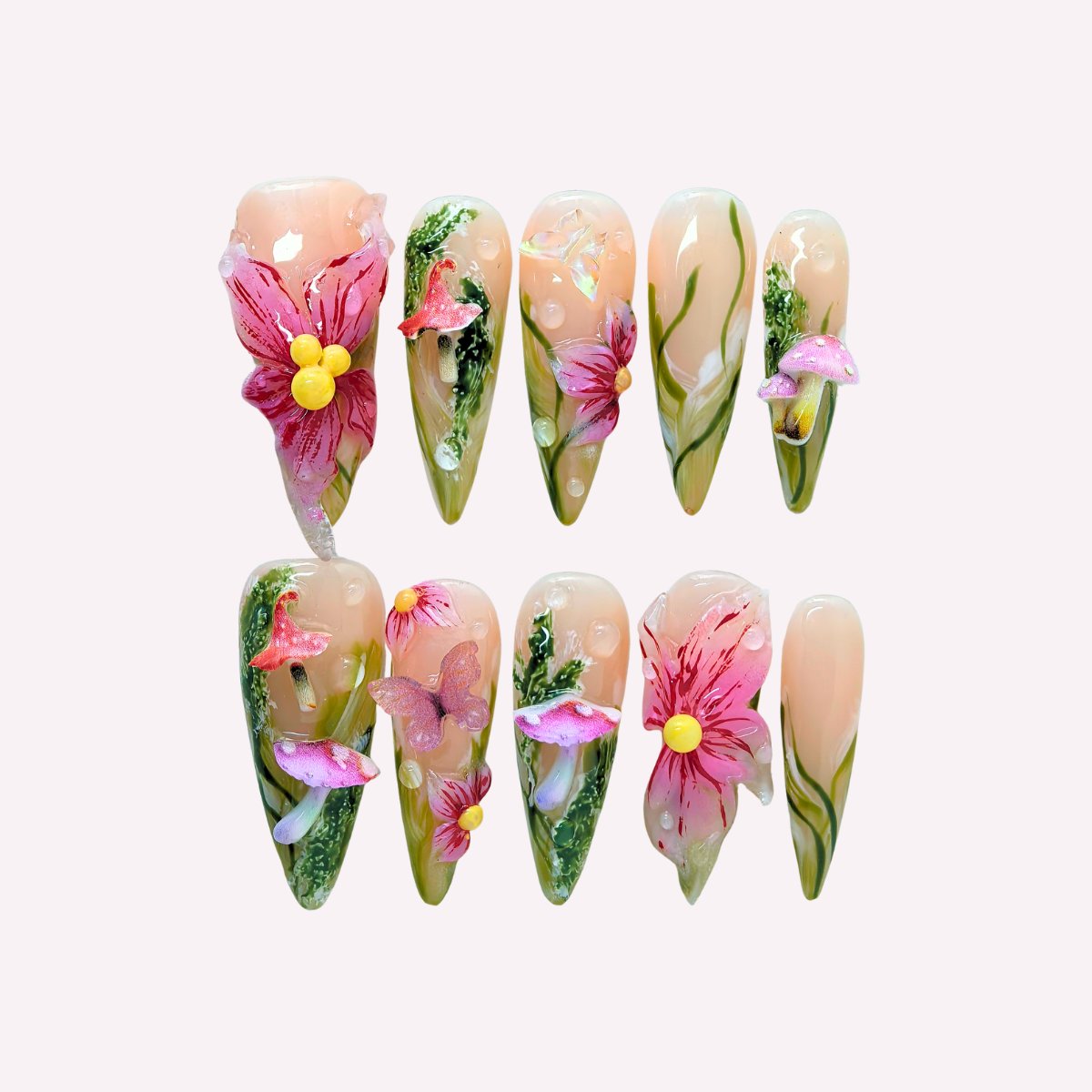 PoorGuyShop Hallucinogenic handmade stiletto press-on nails – soft nude base with mushroom, butterfly and floral fairytale motifs