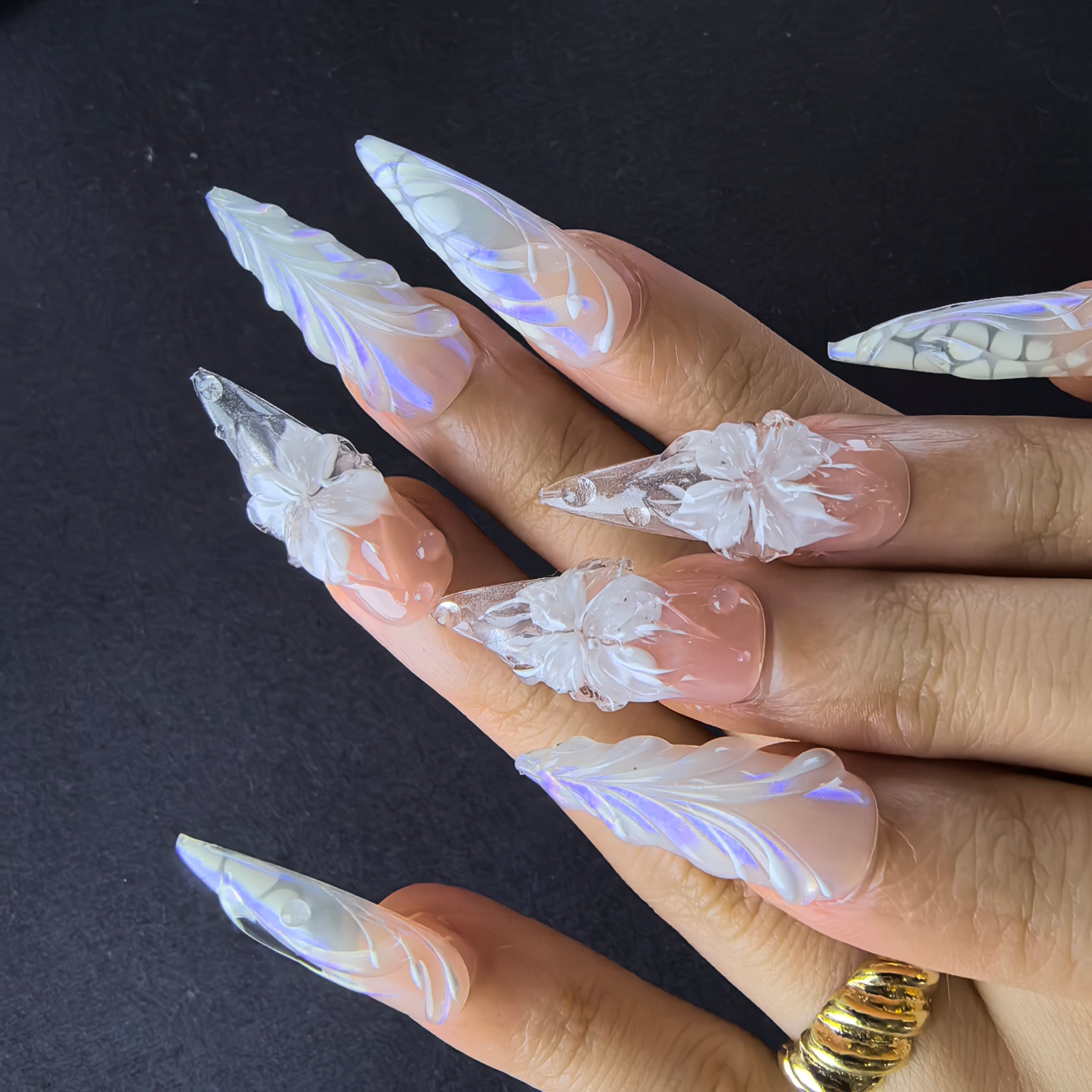 PoorGuyShop Mermaid Vein handmade stiletto press-on nails – milky blush pink iridescent gradient with 3D white floral and leaf motifs