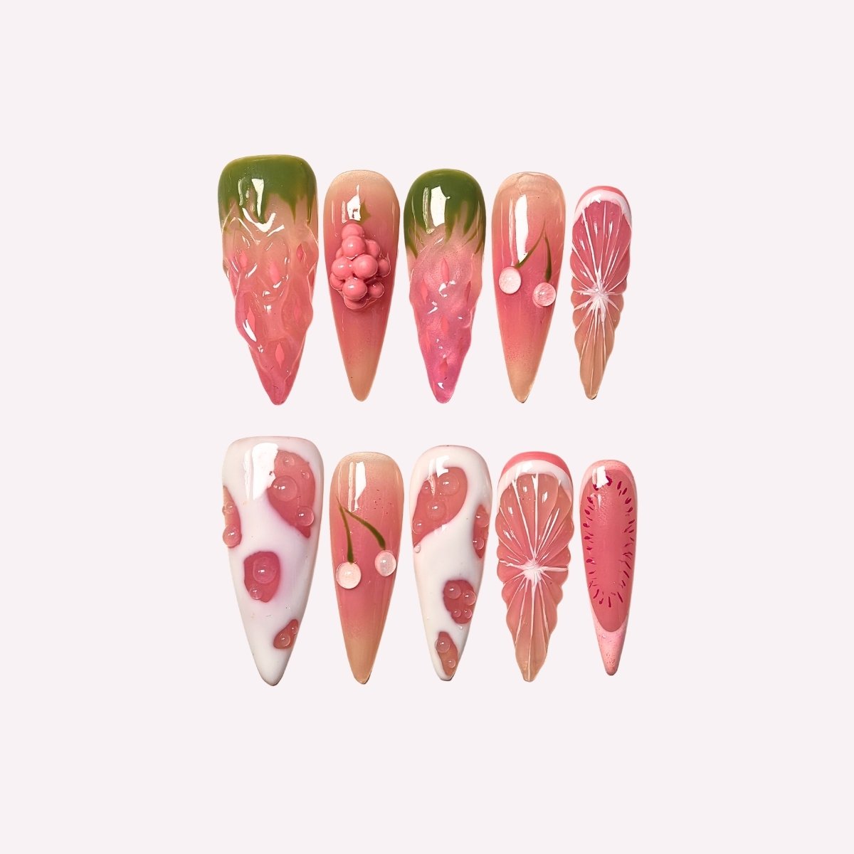 PoorGuyShop Pink Pomelo handmade stiletto press-on nails – pink and green gradient with grape clusters and citrus slice nail art