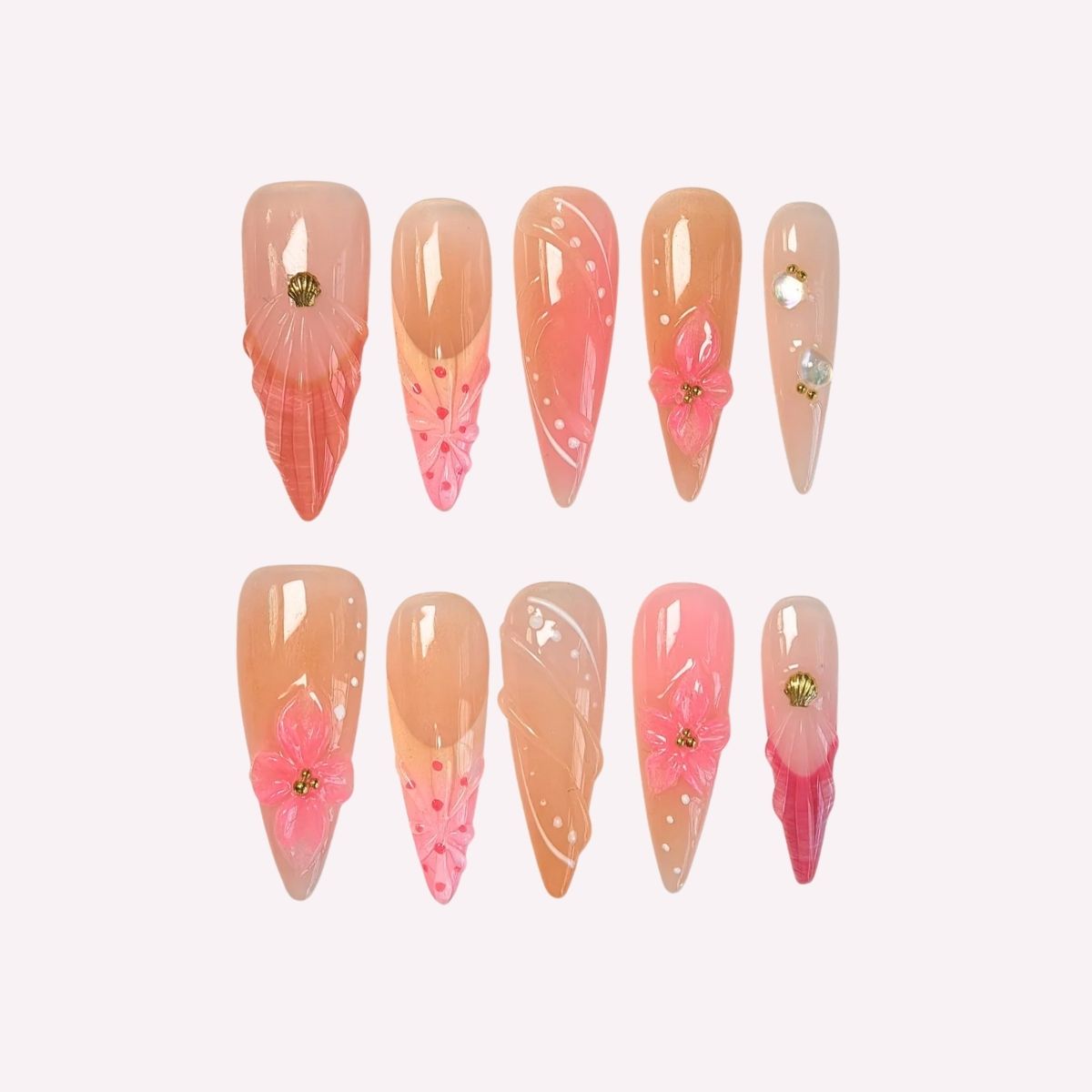 PoorGuyShop Samba Queen handmade stiletto press-on nails – soft peach and pink gradient with shell patterns and floral motifs