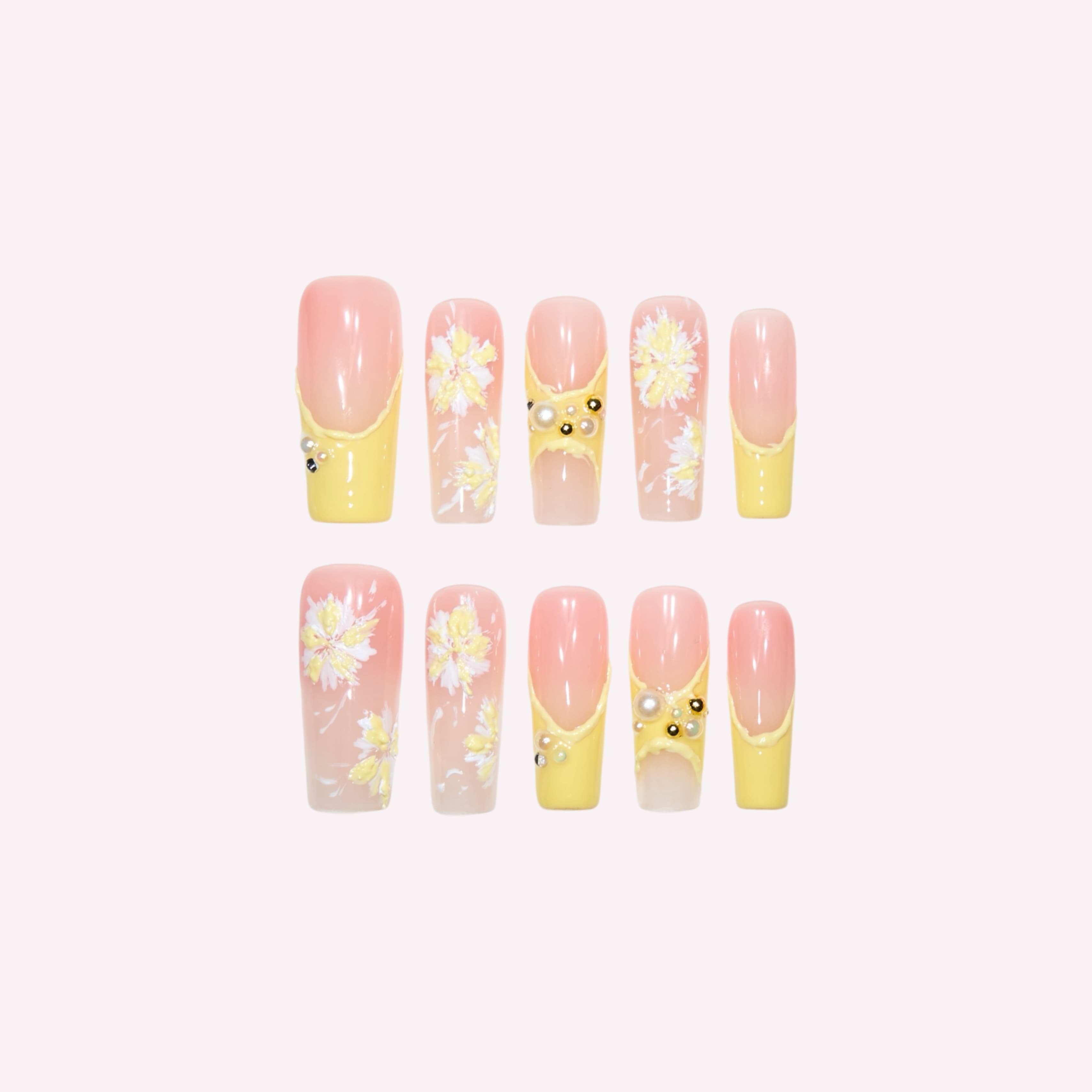 PoorGuyShop Southern Belle handmade squoval press-on nails – translucent pink base with yellow French tips and 3D floral accents