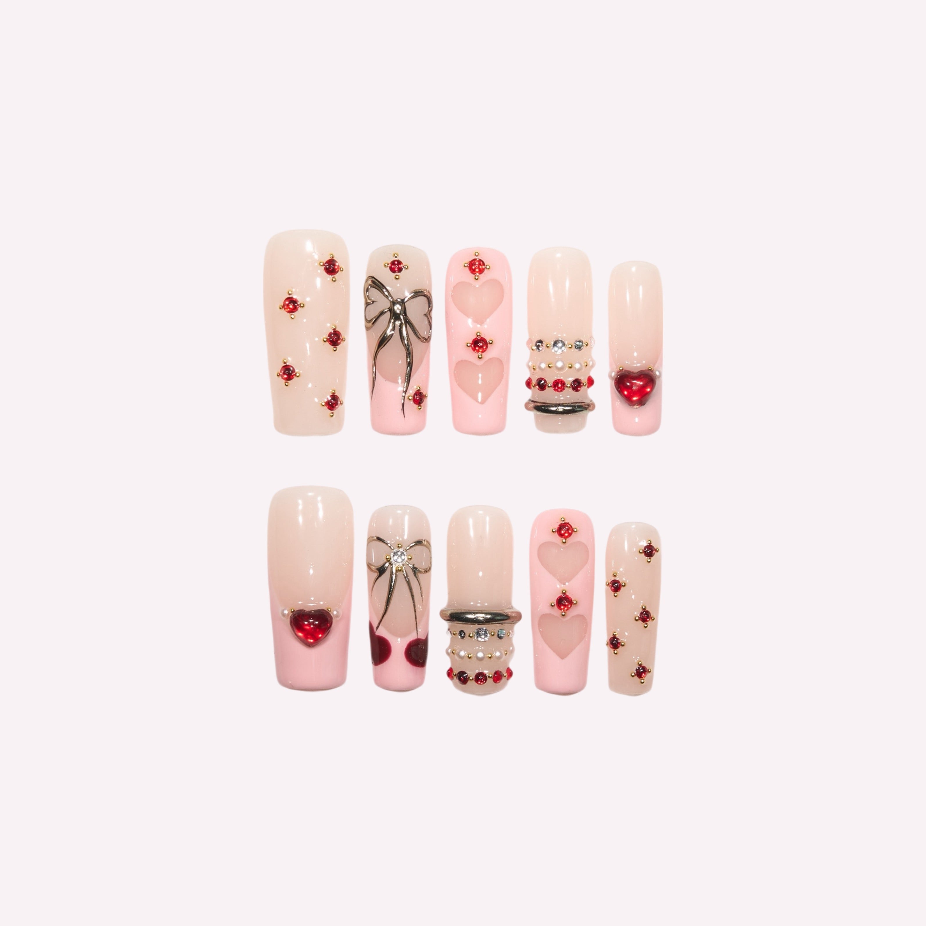 PoorGuyShop Strawberry Cream handmade coffin press-on nails – 3D strawberry charms with seed details on soft milky pink base