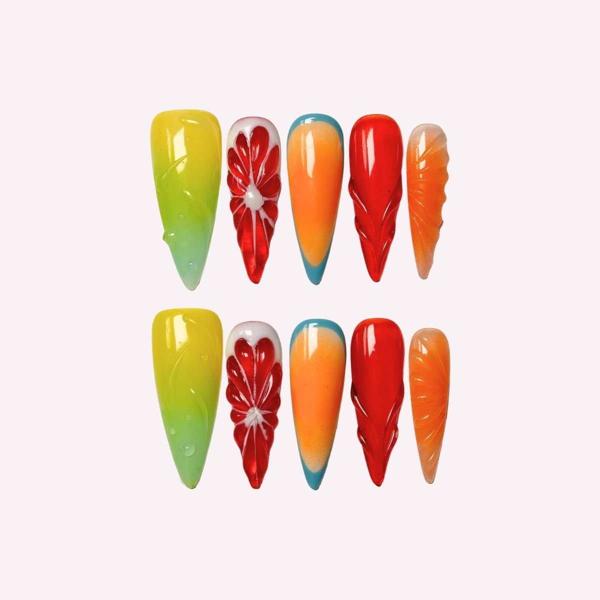 PoorGuyShop Tropical Pop handmade neon stiletto press-on nails – grapefruit slice, orange-blue gradient and 3D candy textures