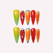 PoorGuyShop Tropical Pop handmade neon stiletto press-on nails – grapefruit slice, orange-blue gradient and 3D candy textures