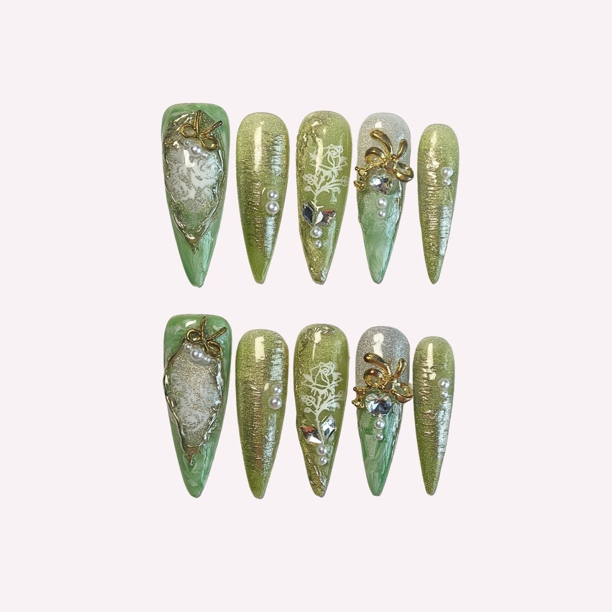 PoorGuyShop Wizard of Oz handmade stiletto press-on nails – gradient green base with lace patterns and gold-plated bow accents