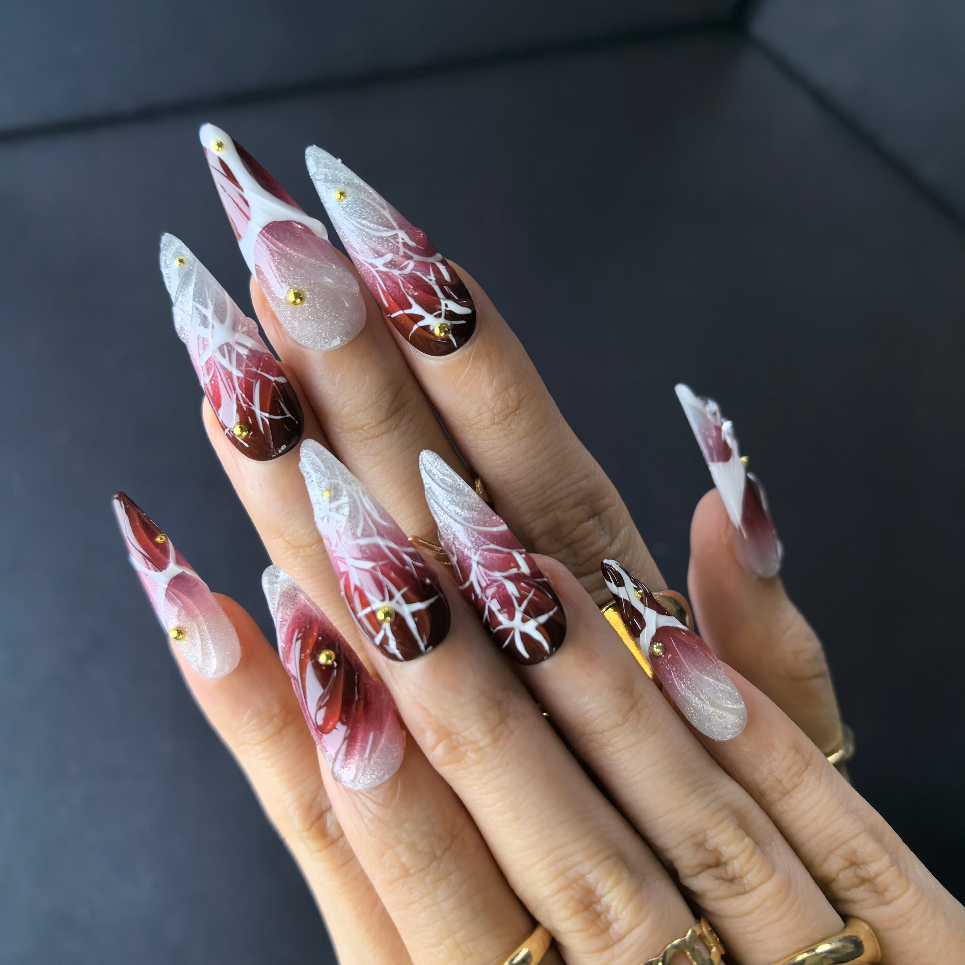 Power Move 30mm stiletto press-on nails — reusable handmade burgundy silver glitter vampirecore nail art press-ons