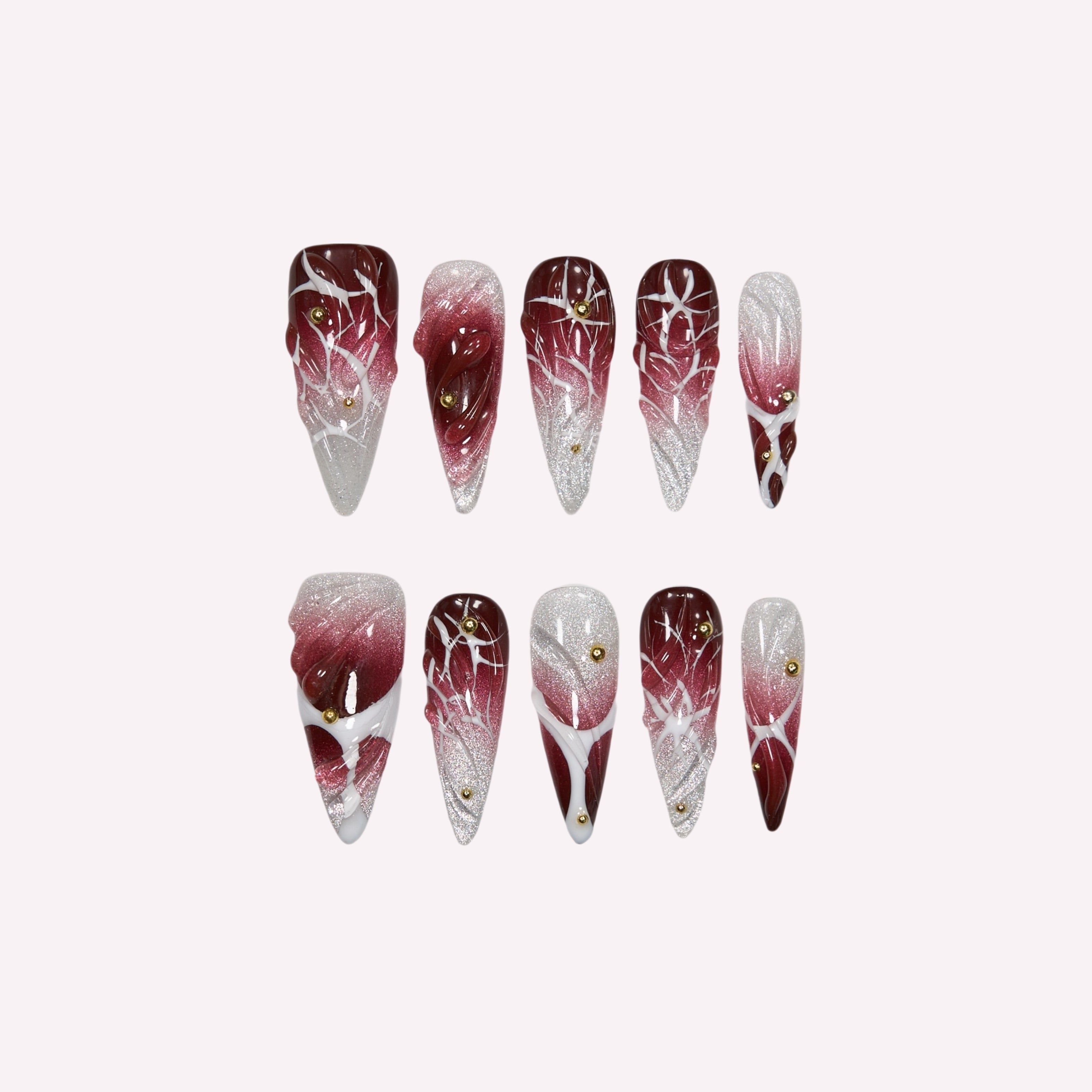 Power Move handmade press-on nails — burgundy silver glitter thorn 3D rose petal nail art stiletto set by Poorguyshop