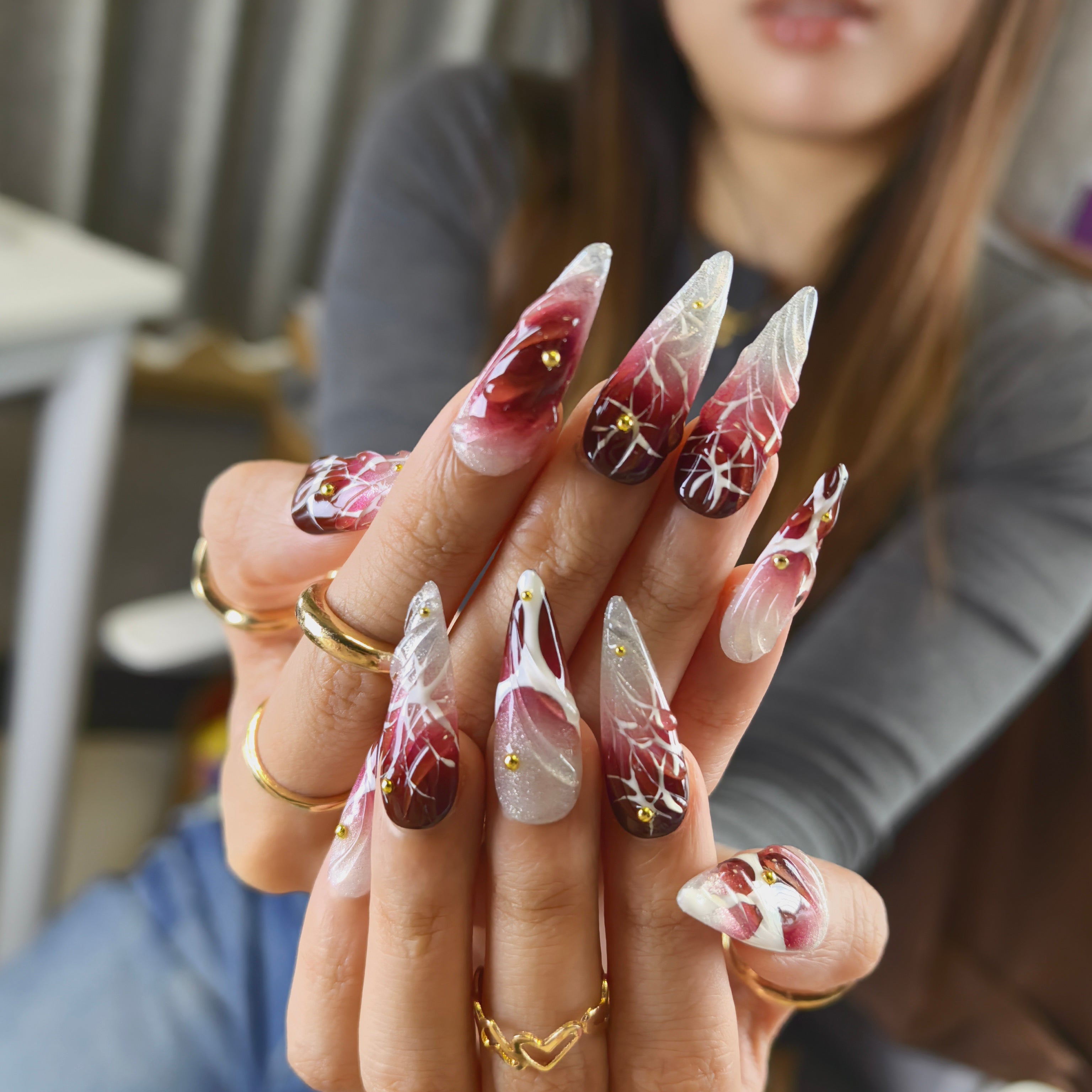 Power Move press-on nail set — handmade burgundy rose nails with nail glue and prep pad, multiple sizes included