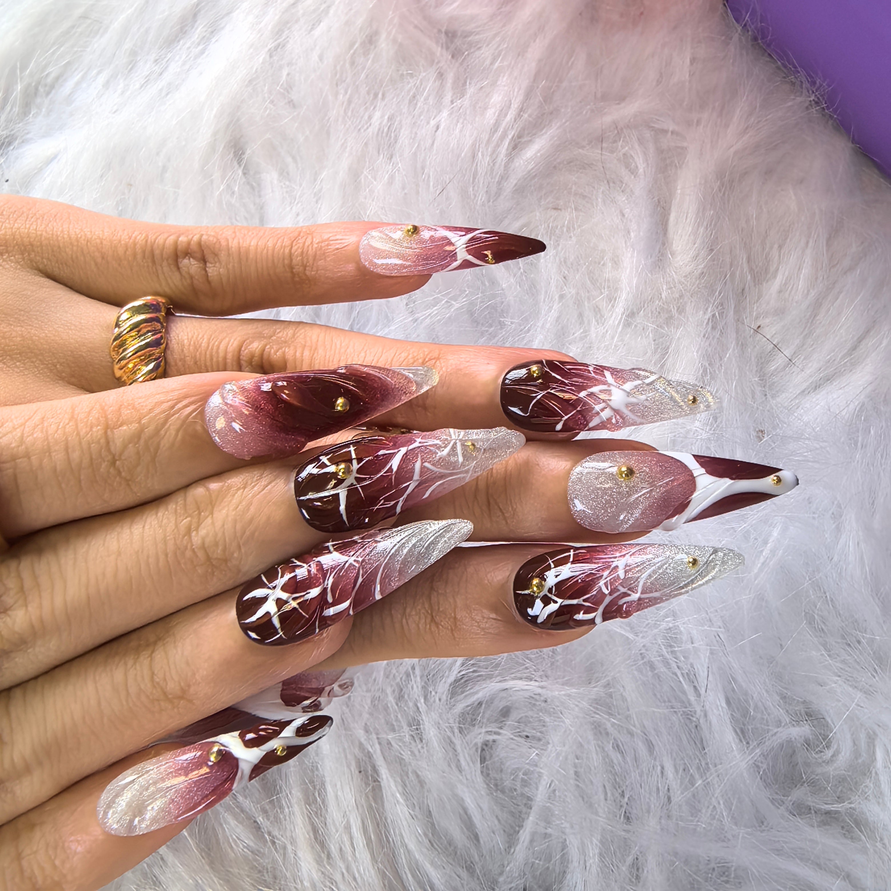 Power Move stiletto press-on nails — hand-painted burgundy silver glitter thorn rose luxury fake nails for women
