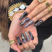 Purple Lux 30mm coffin press-on nails — hand-painted purple black gradient glitter gold vein gem luxury fake nails for women