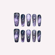 Purple Lux handmade press-on nails — purple black gradient glitter gold vein gem nail art set in coffin and stiletto shapes by Poorguyshop