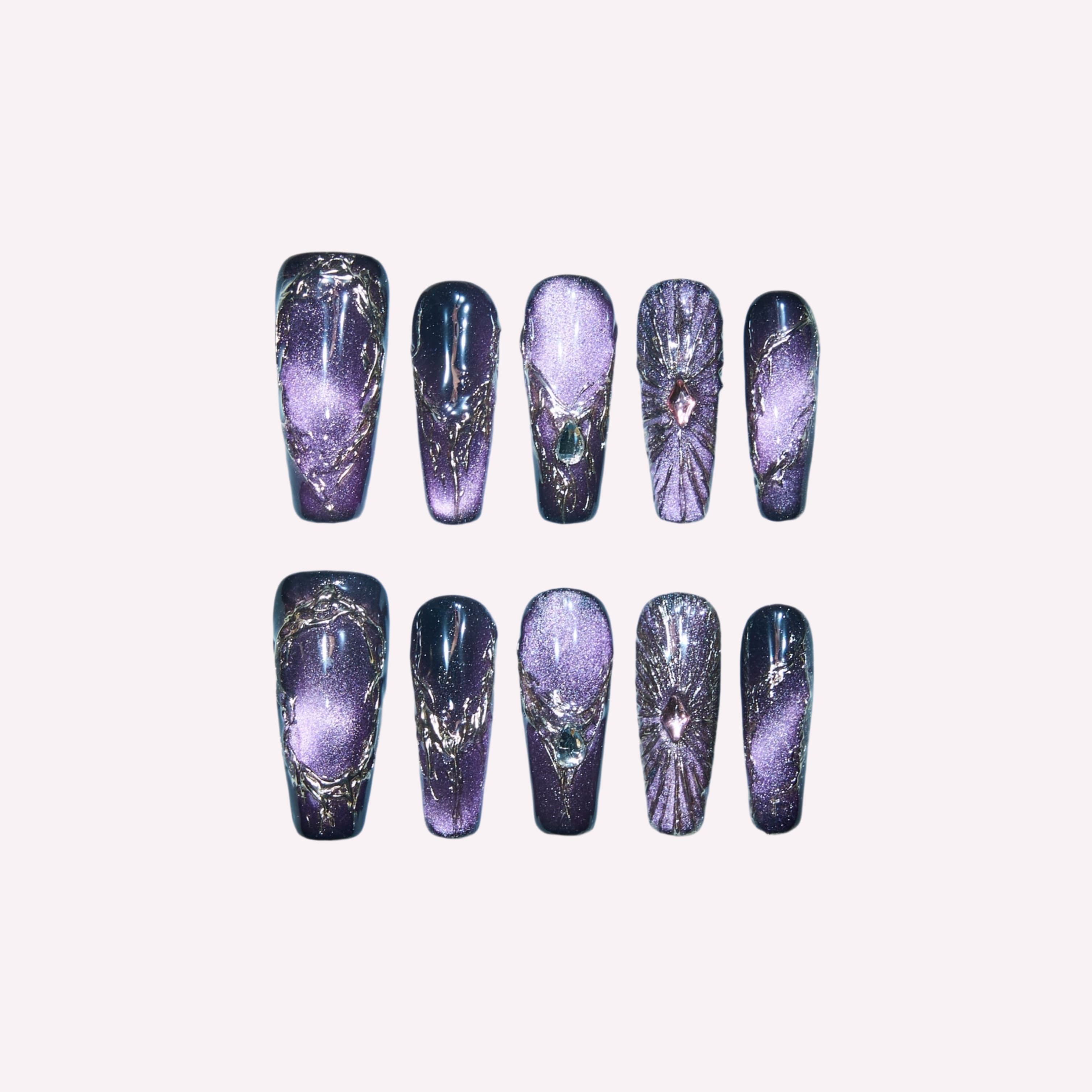 Purple Lux handmade press-on nails — purple black gradient glitter gold vein gem nail art set in coffin and stiletto shapes by Poorguyshop