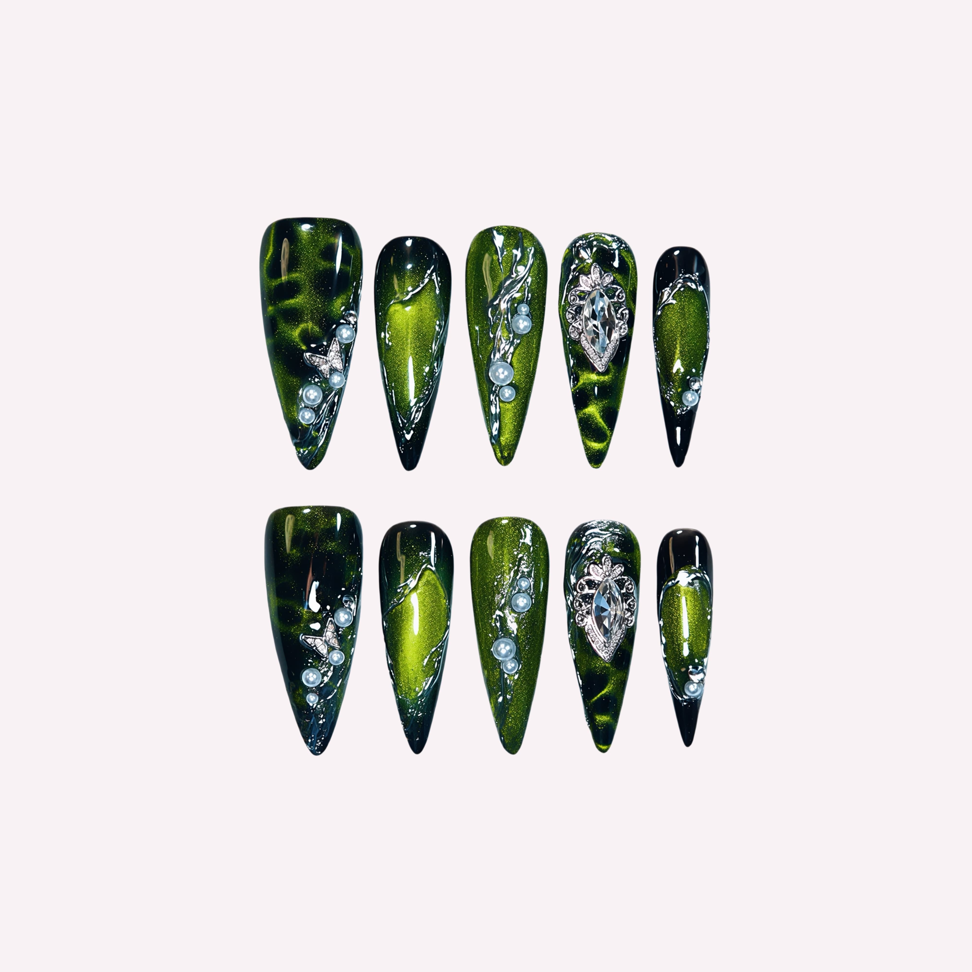 Royal Forest handmade press-on nails — gold diamond pearl heart gem nail art set in coffin and stiletto shapes by Poorguyshop