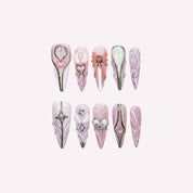 Sailor Moon handmade press-on nails — pink lavender holographic 3D bow heart gem nail art stiletto set by Poorguyshop