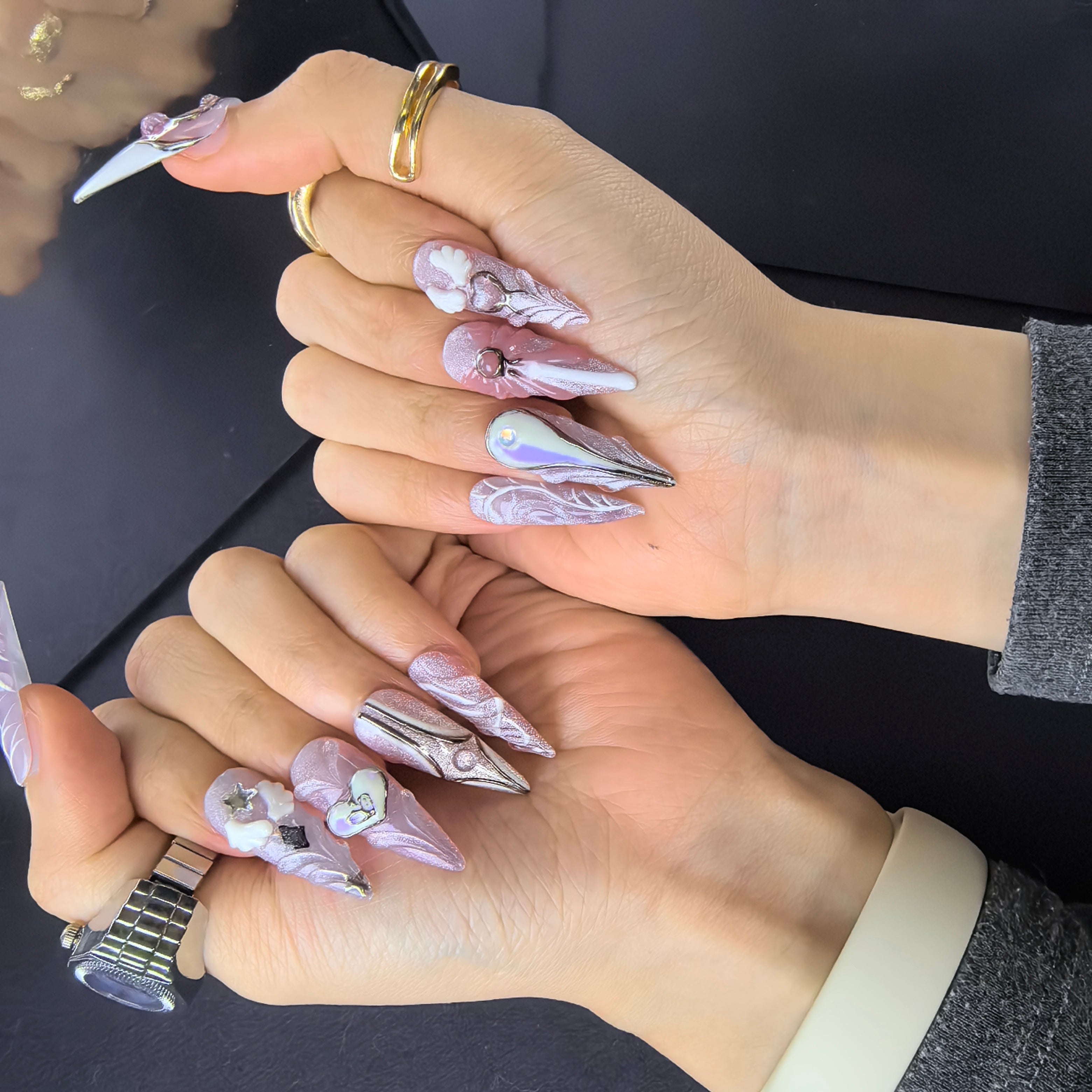 Sailor Moon press-on nail set — handmade pink lavender holographic nails with nail glue and prep pad, multiple sizes included