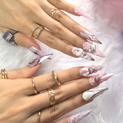 Sailor Moon stiletto press-on nails — hand-painted pink lavender holographic 3D bow charm luxury fake nails for women