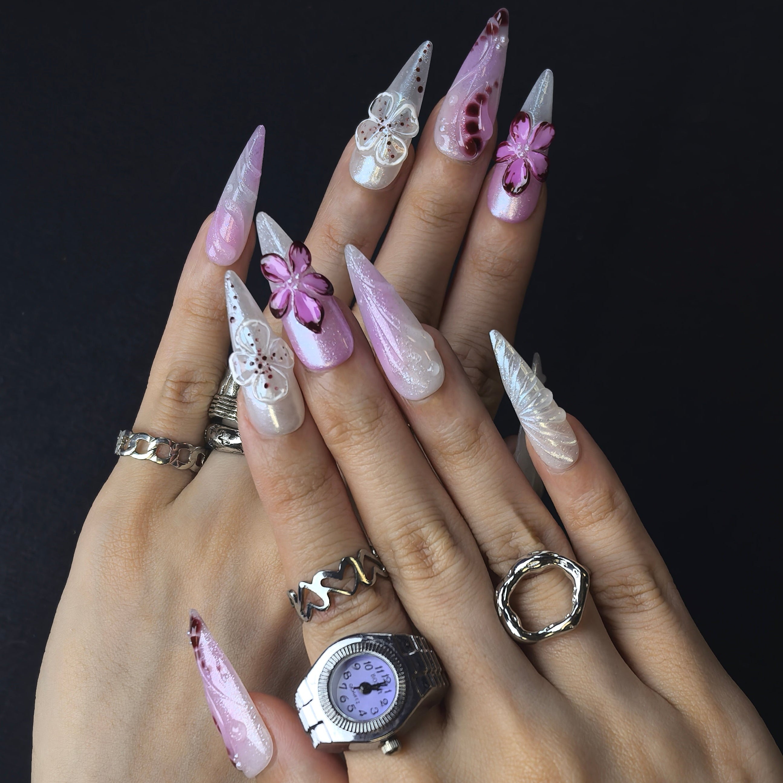 Sakura Petal 30mm stiletto press-on nails — hand-painted cherry blossom luxury fake nails for women