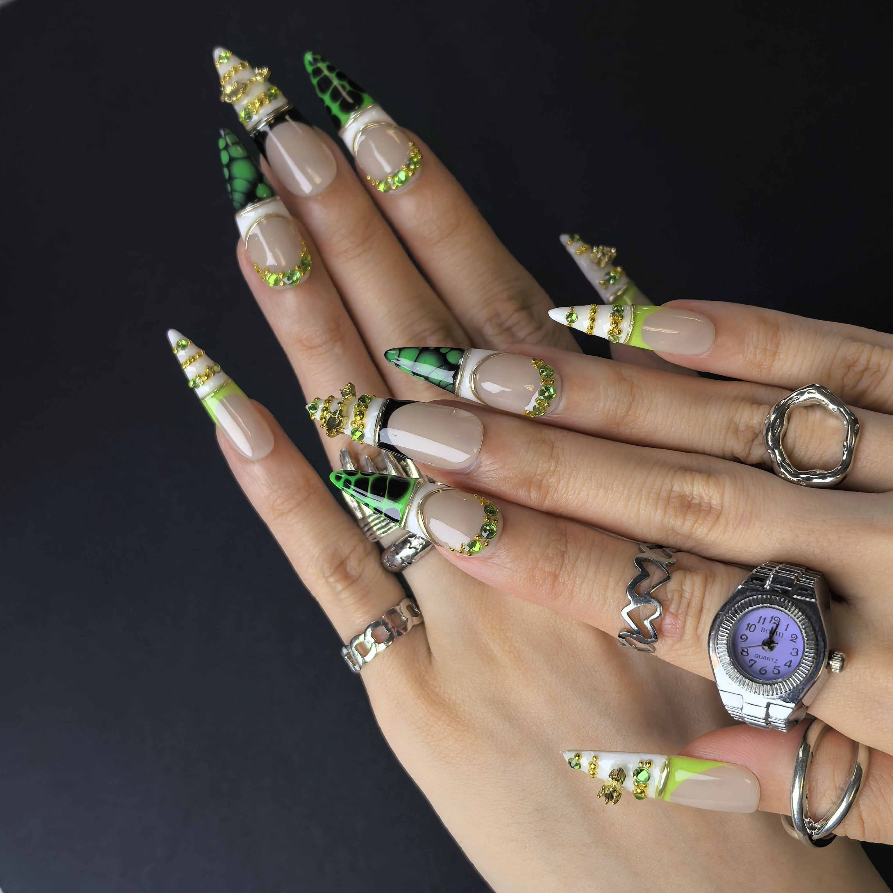 Serpent Glam 28mm almond press-on nails — artisan hand-painted fake nails with emerald crystal croc print nail art