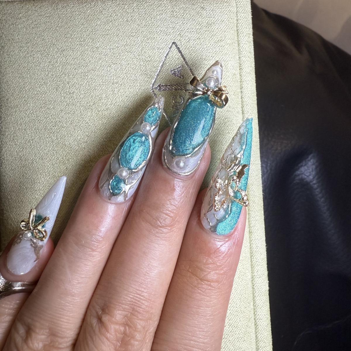 Sky Butterfly 30mm coffin press-on nails — hand-painted white teal shell gold pearl bow luxury fake nails for women